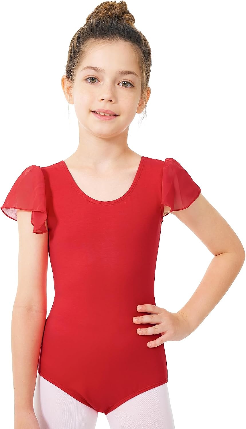 Stelle Girls Ballet Leotard Ruffle Short Sleeve for Dance Gymnastics | Scoop neckline, Soft stretch fabric, Breathable comfort, Leotard for girls, Ballet class, Gymnastics, Dance recital(Red)