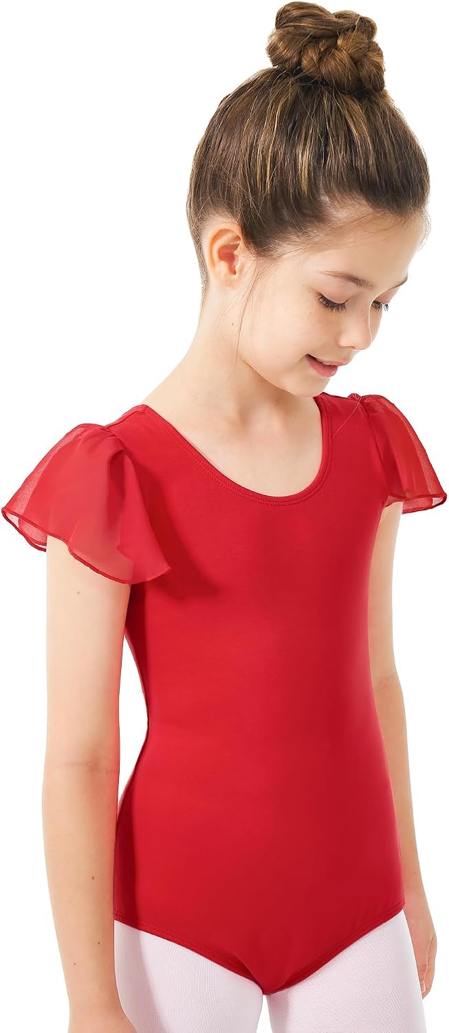 Stelle Girls Ballet Leotard Ruffle Short Sleeve for Dance Gymnastics | Scoop neckline, Soft stretch fabric, Breathable comfort, Leotard for girls, Ballet class, Gymnastics, Dance recital(Red)