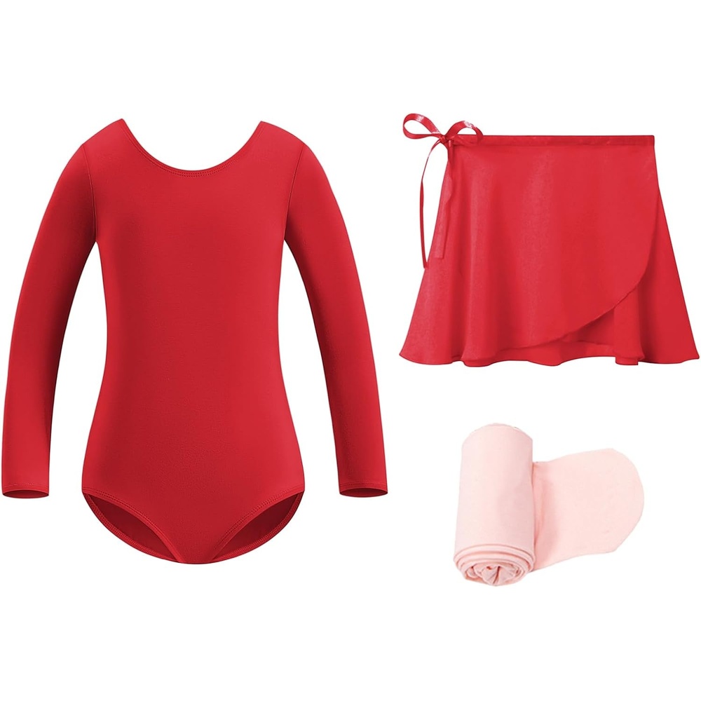 Stelle Girls Ballet Leotards Toddler Dance Combo with Skirt and Tights(Red)