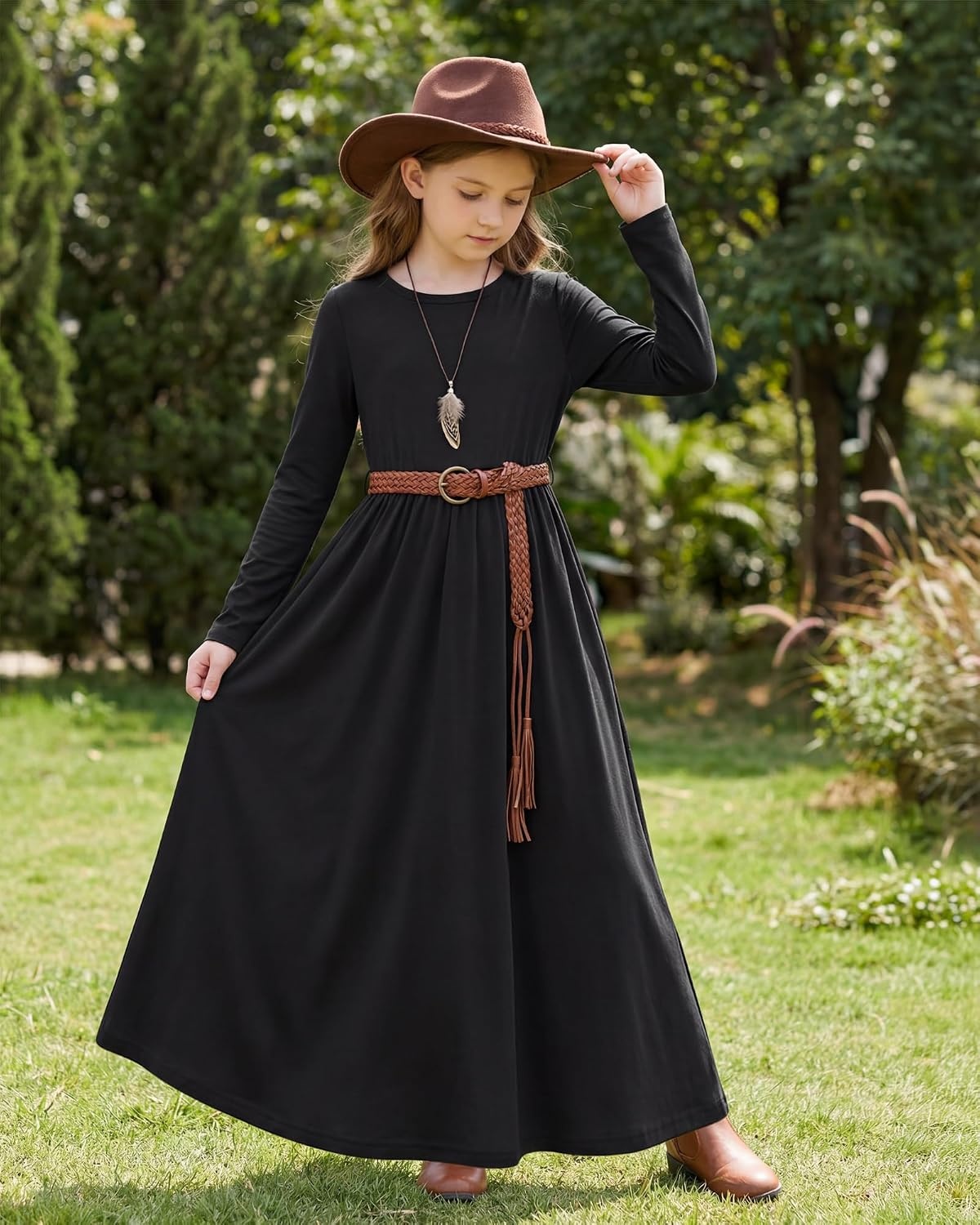 Stelle Girls Long Sleeve Maxi Dress with Pockets 6-15 Years(Black)