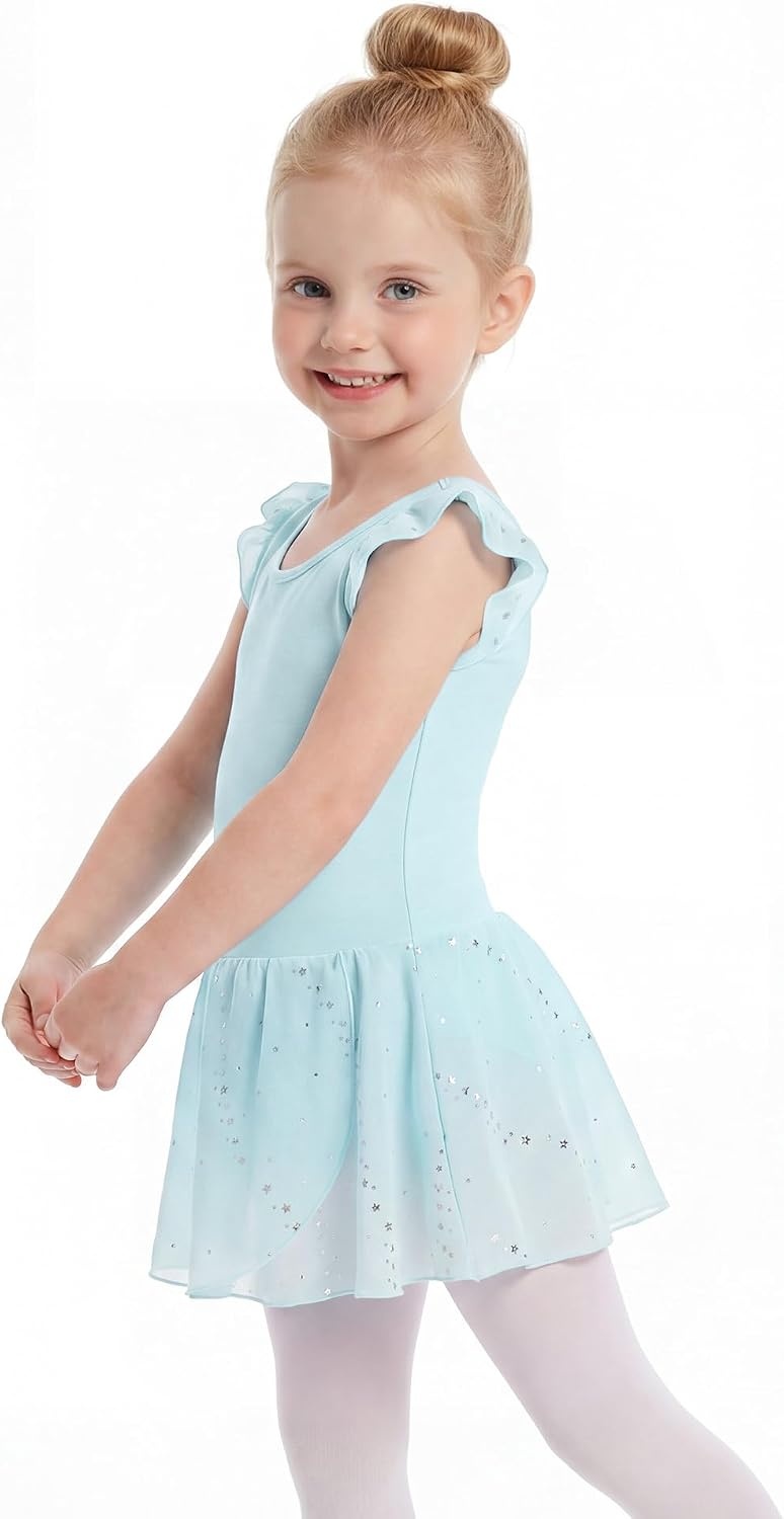 Stelle Girls Flutter Sleeve Ballet Leotards Toddler Tutu Skirted Dresses(Blue)