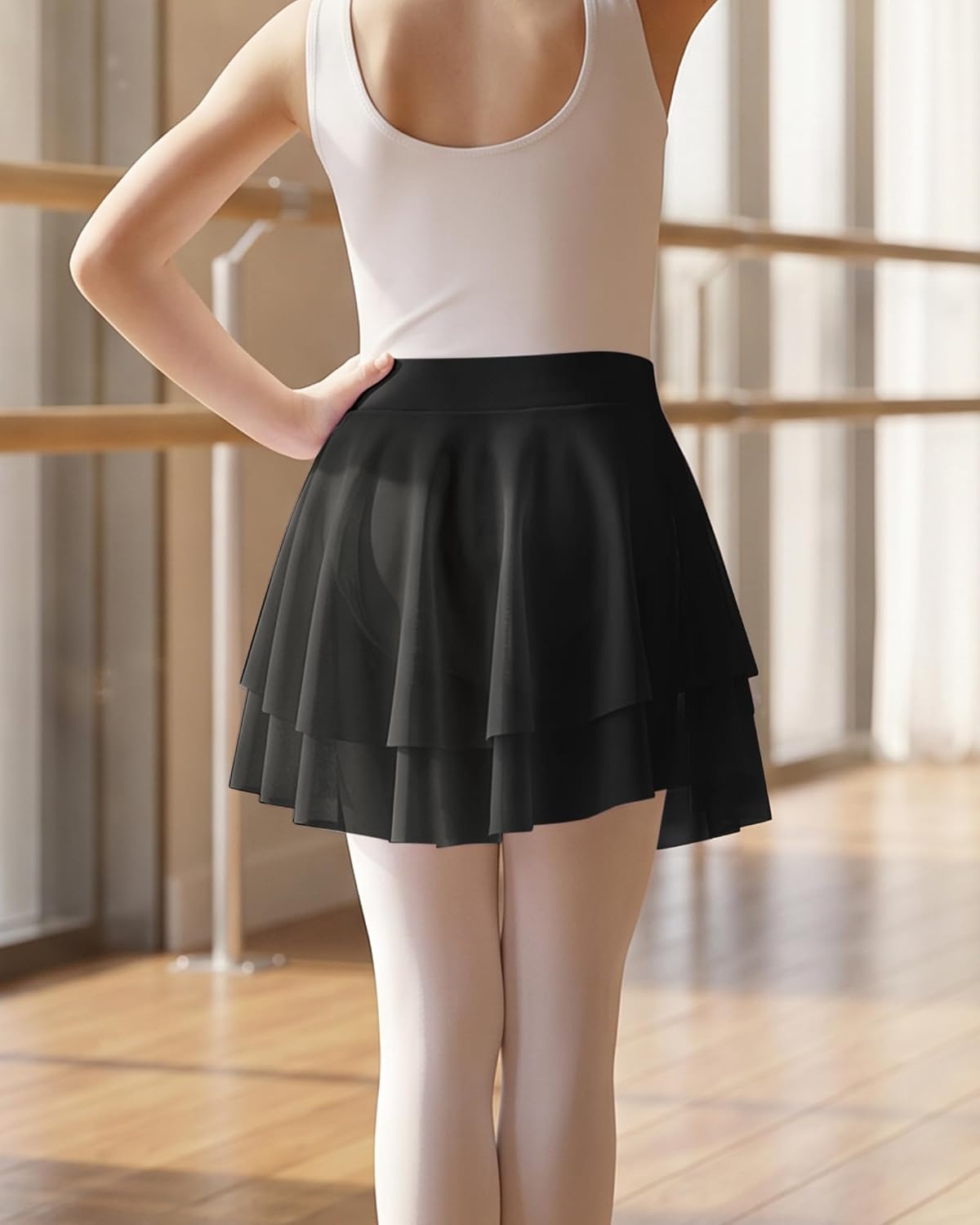 Stelle Girls Ballet Skirt Pull On Dance Wrap Skirt Kid Layered Ruffle Skirt(Black)