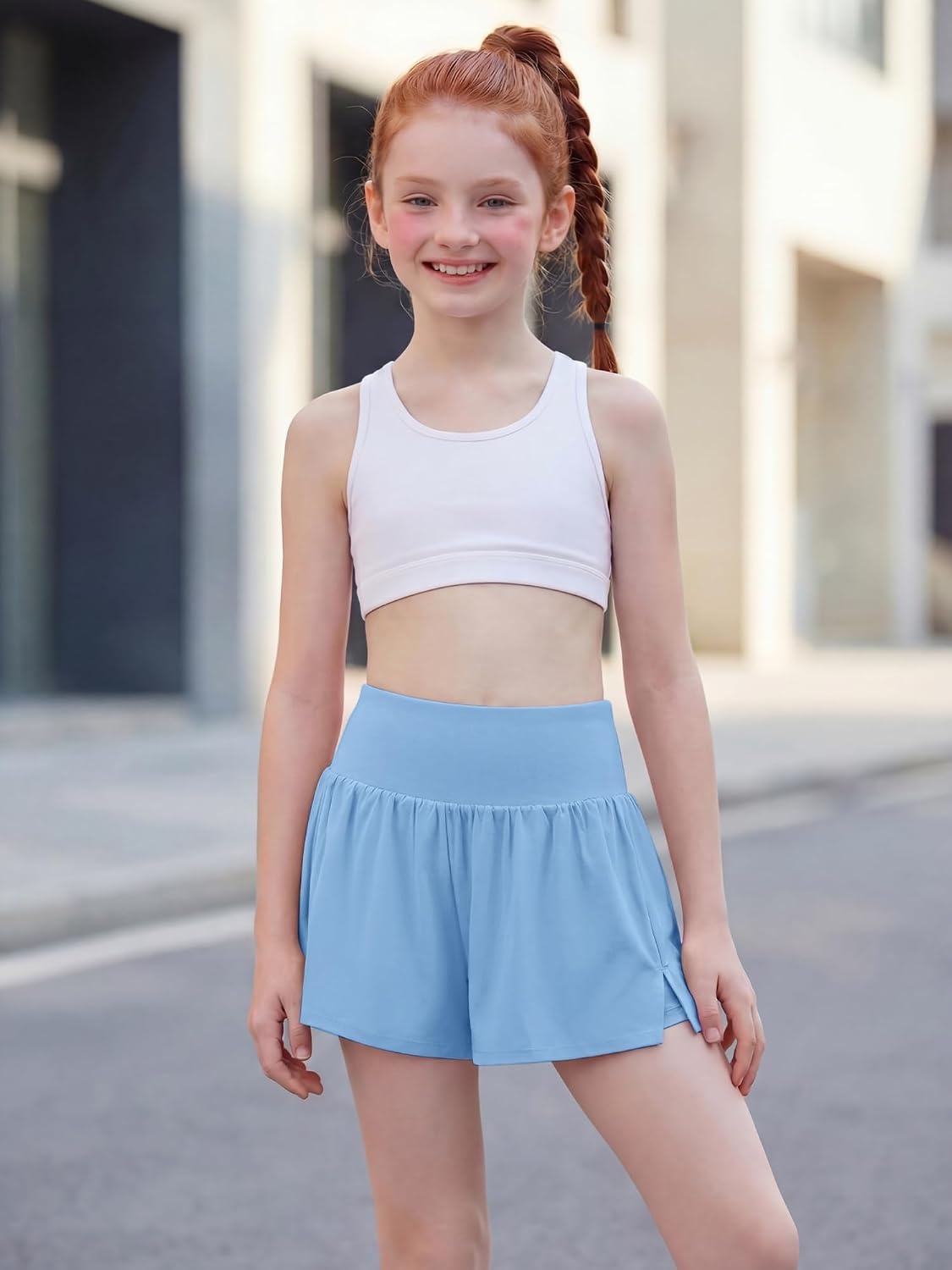 Stelle Girls Athletic Shorts Flowy Running 2 in 1 Butterfly Short with Pockets Soccer Tennis for Teen(Sky Blue)