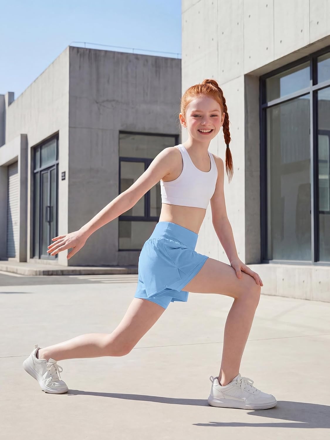 Stelle Girls Athletic Shorts Flowy Running 2 in 1 Butterfly Short with Pockets Soccer Tennis for Teen(Sky Blue)