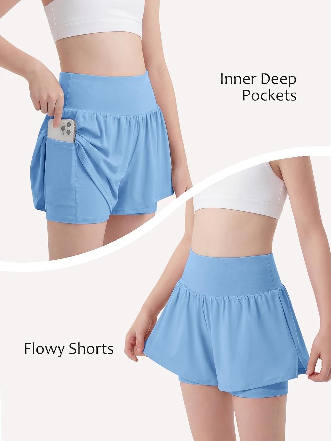 Stelle Girls Athletic Shorts Flowy Running 2 in 1 Butterfly Short with Pockets Soccer Tennis for Teen(Sky Blue)