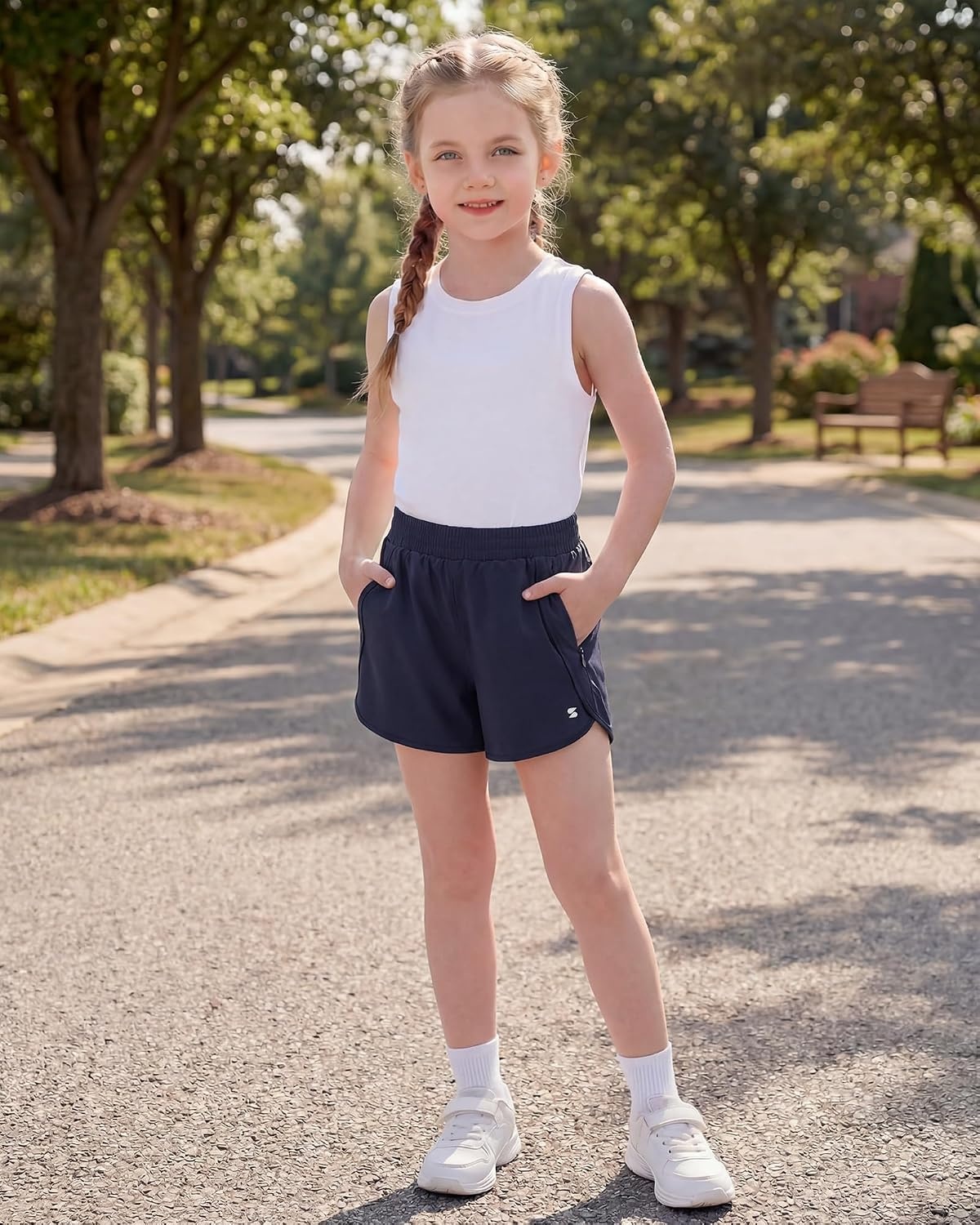 Stelle Girl’s Athletic Shorts with Zipper Pockets Elastic Waist Running Short Basketball Volleyball Soccer Shorts for Teen(Navy)