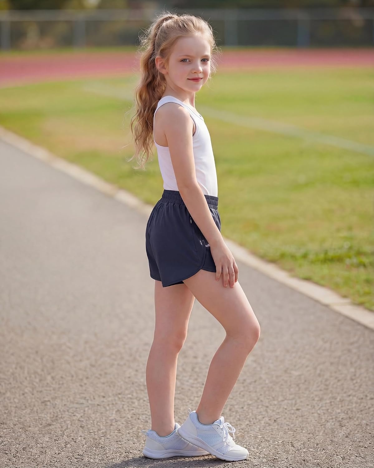 Stelle Girl’s Athletic Shorts with Zipper Pockets Elastic Waist Running Short Basketball Volleyball Soccer Shorts for Teen(Navy)