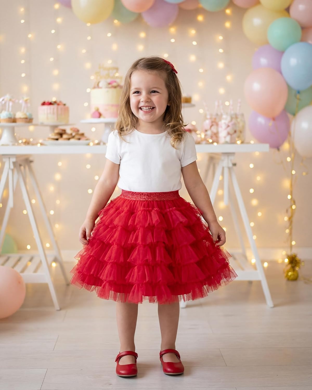 Stelle Girls Tutu Skirt 5 Layers Fluffy Tulle Dance Ballet Skirt Princess Birthday Party Costume(Red)