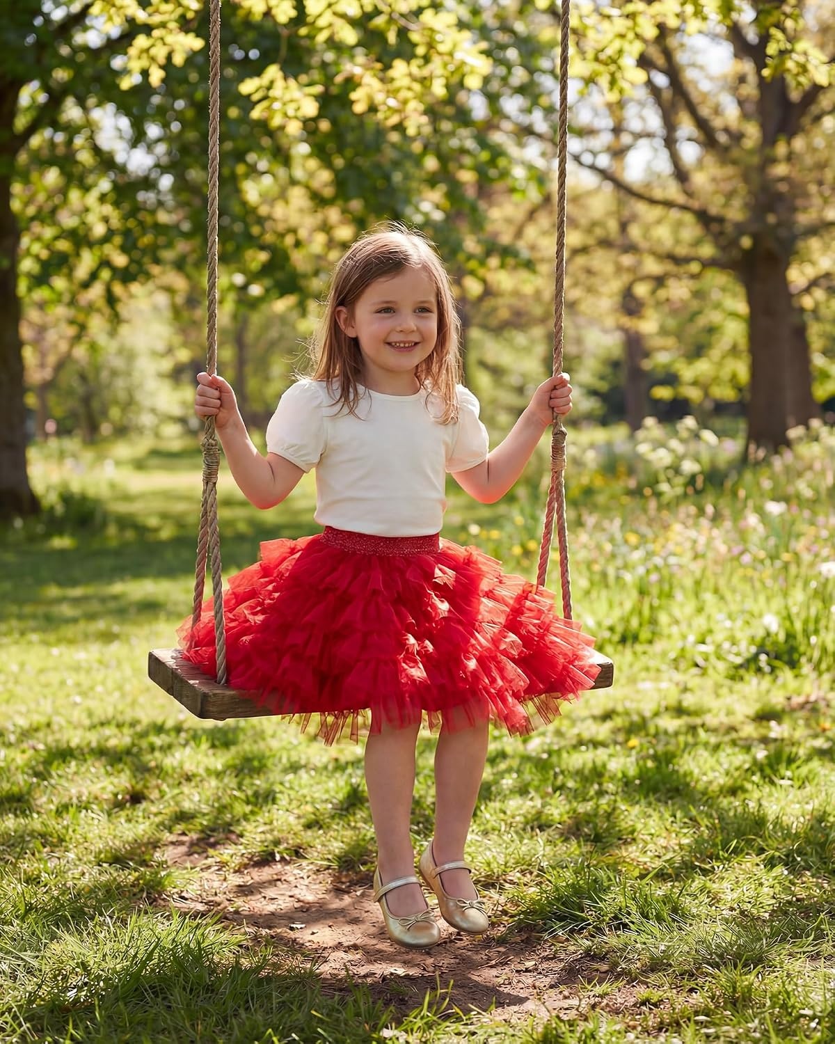 Stelle Girls Tutu Skirt 5 Layers Fluffy Tulle Dance Ballet Skirt Princess Birthday Party Costume(Red)