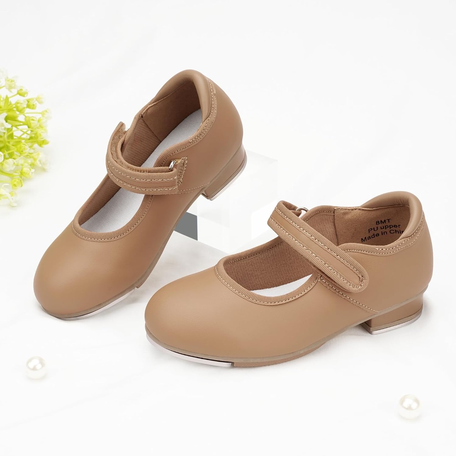 Stelle Tap Shoes for Toddler Girls PU Unisex Tap Dance Shoes | Rounded toe, Padded heel collar, Clear tap sound, Cushioned insole, Non-slip outsole, Lightweight design(B-tan)