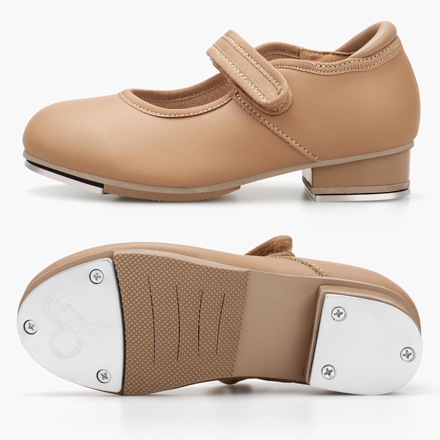 Stelle Tap Shoes for Toddler Girls PU Unisex Tap Dance Shoes | Rounded toe, Padded heel collar, Clear tap sound, Cushioned insole, Non-slip outsole, Lightweight design(B-tan)