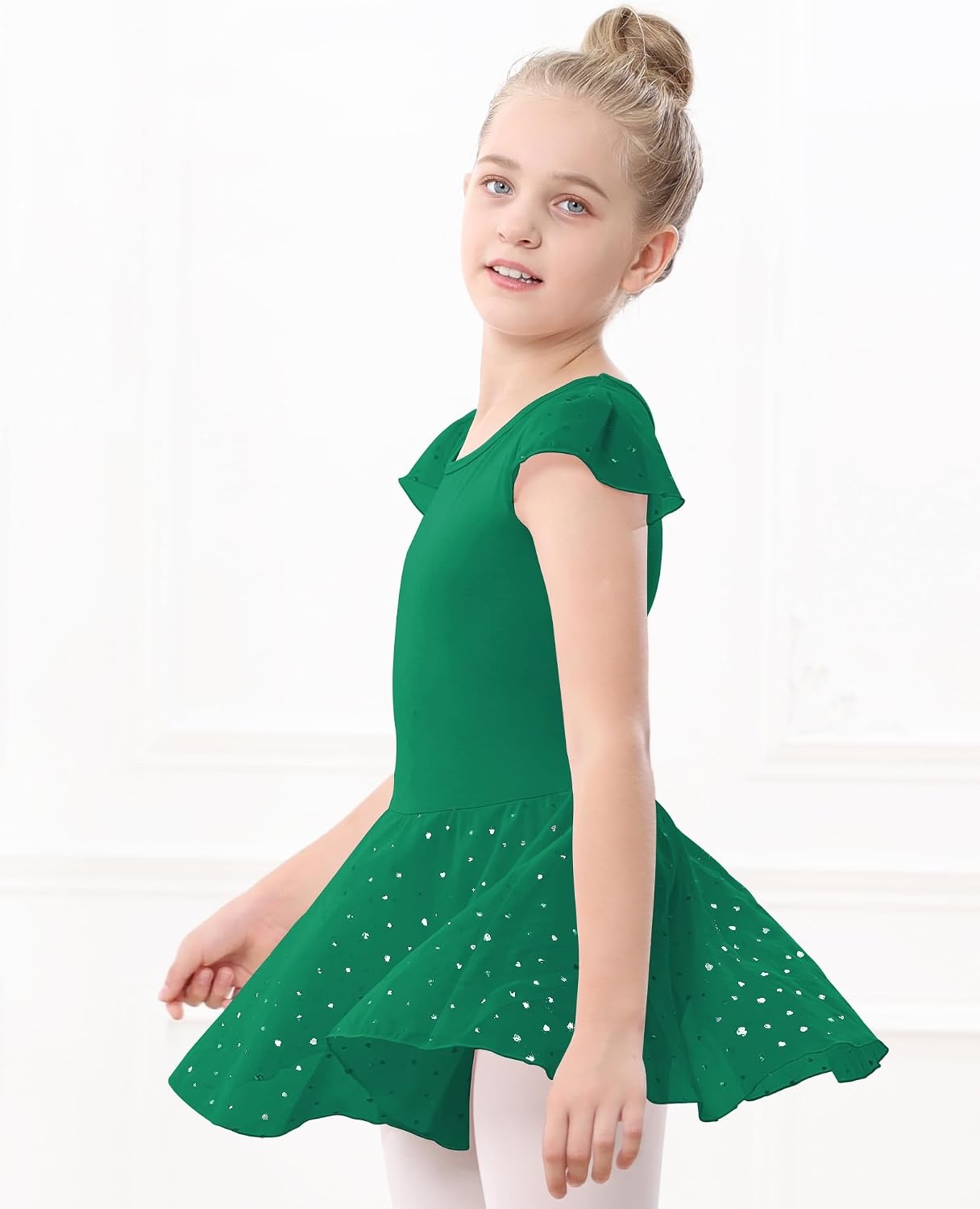 Stelle Ballet Leotards for Girls Dance Leotard with Skirt Toddler Pink Ballet Outfit Ruffle Sleeve Kids Dance Dress(1-green(shiny Skirt))