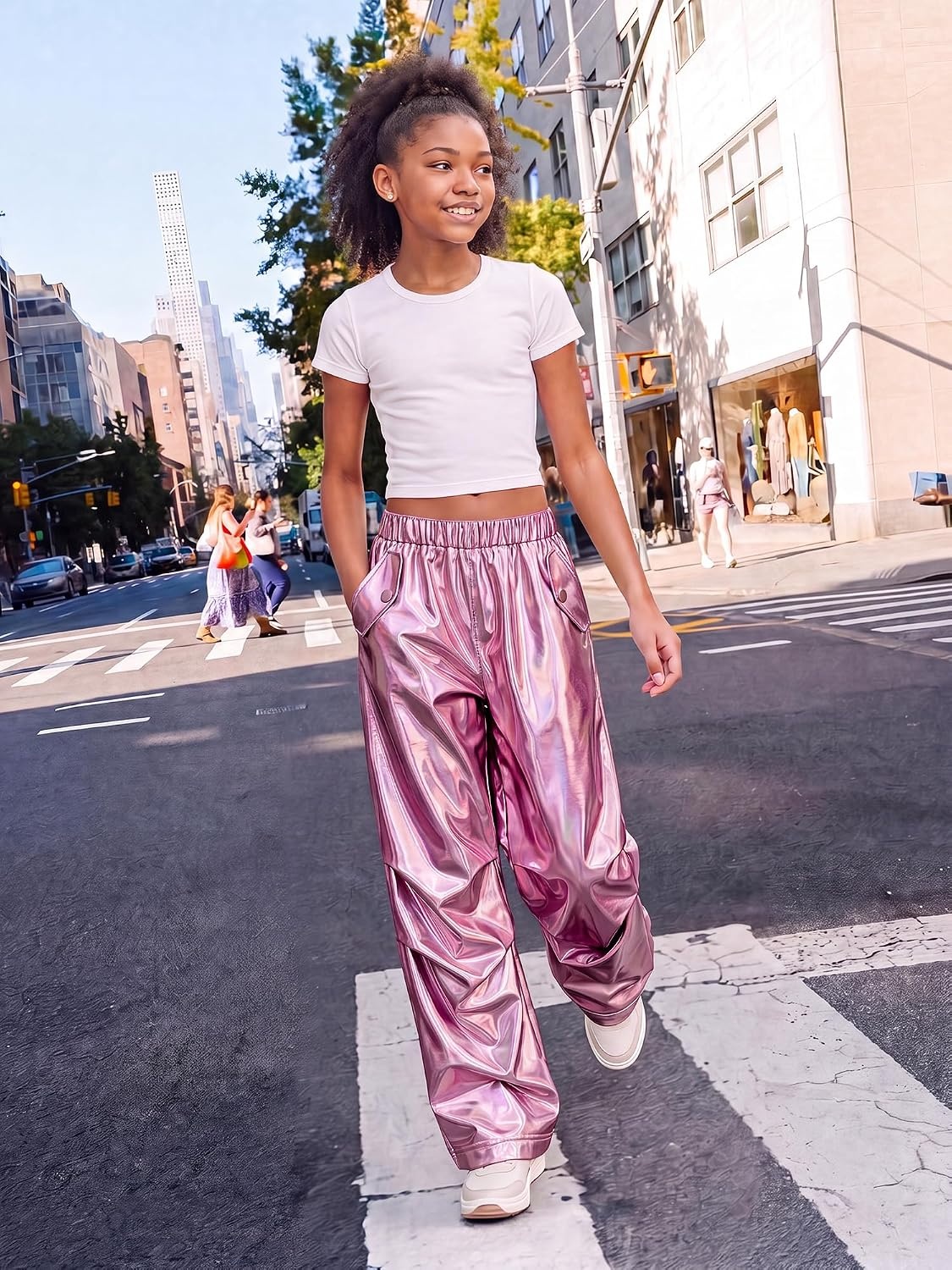 Stelle Girls Metallic Hip Hop Pants Shiny Cargo Joggers Pant(Metal Pink)