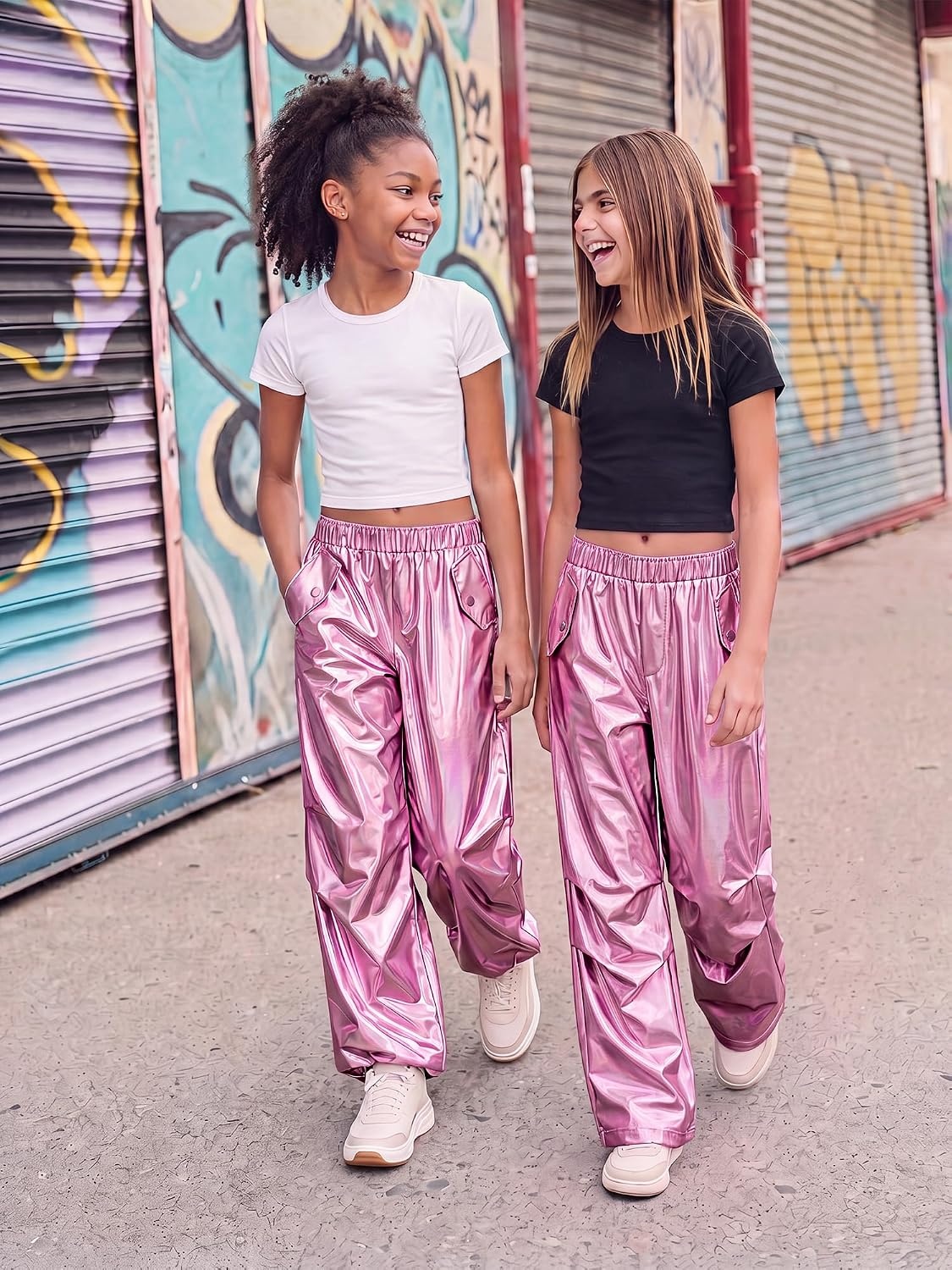 Stelle Girls Metallic Hip Hop Pants Shiny Cargo Joggers Pant(Metal Pink)