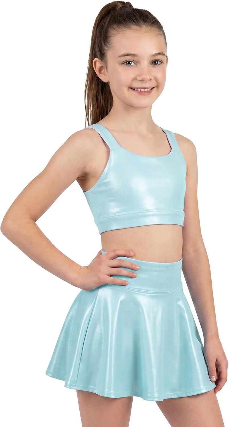 Stelle Girls Metallic Dance Tops Shiny Athletic Crop Tank Cross Back | Sparkly Shiny, Sleeveless, Scoop Neck, Stretchy Comfortable, Cheer, Party, Dancewear, Gymnastics, Kids, Youth, Tumbling(Light Blue)