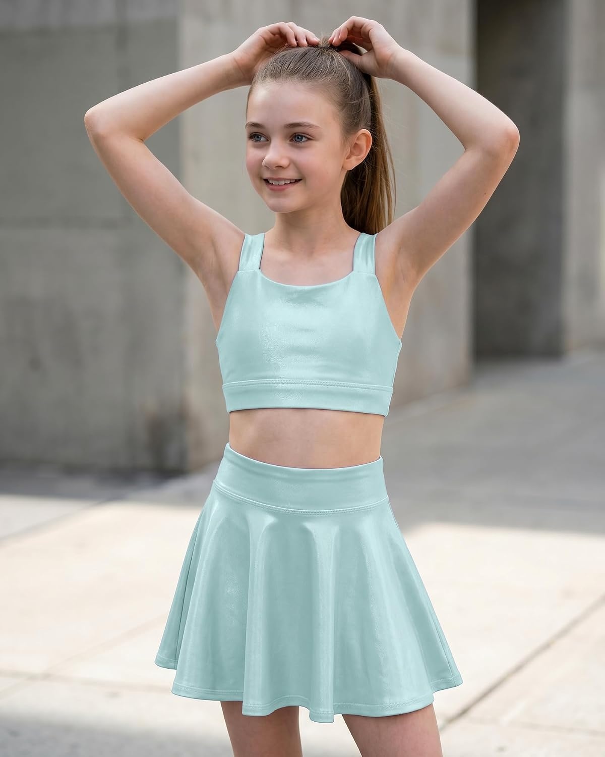 Stelle Girls Metallic Dance Tops Shiny Athletic Crop Tank Cross Back | Sparkly Shiny, Sleeveless, Scoop Neck, Stretchy Comfortable, Cheer, Party, Dancewear, Gymnastics, Kids, Youth, Tumbling(Light Blue)