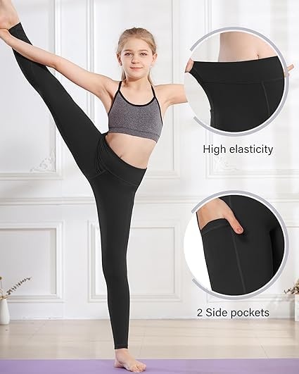 Stelle Girls Leggings with Pockets Kids Dance Yoga Running Athletic Pants | Soft 4-Way Stretch,High-Rise Wide Waistband,Side Pockets,Moisture-Wicking,Non-See-Through for Dance,Yoga,Running,Daily Wear(Black-black-charcoal-charcoal)