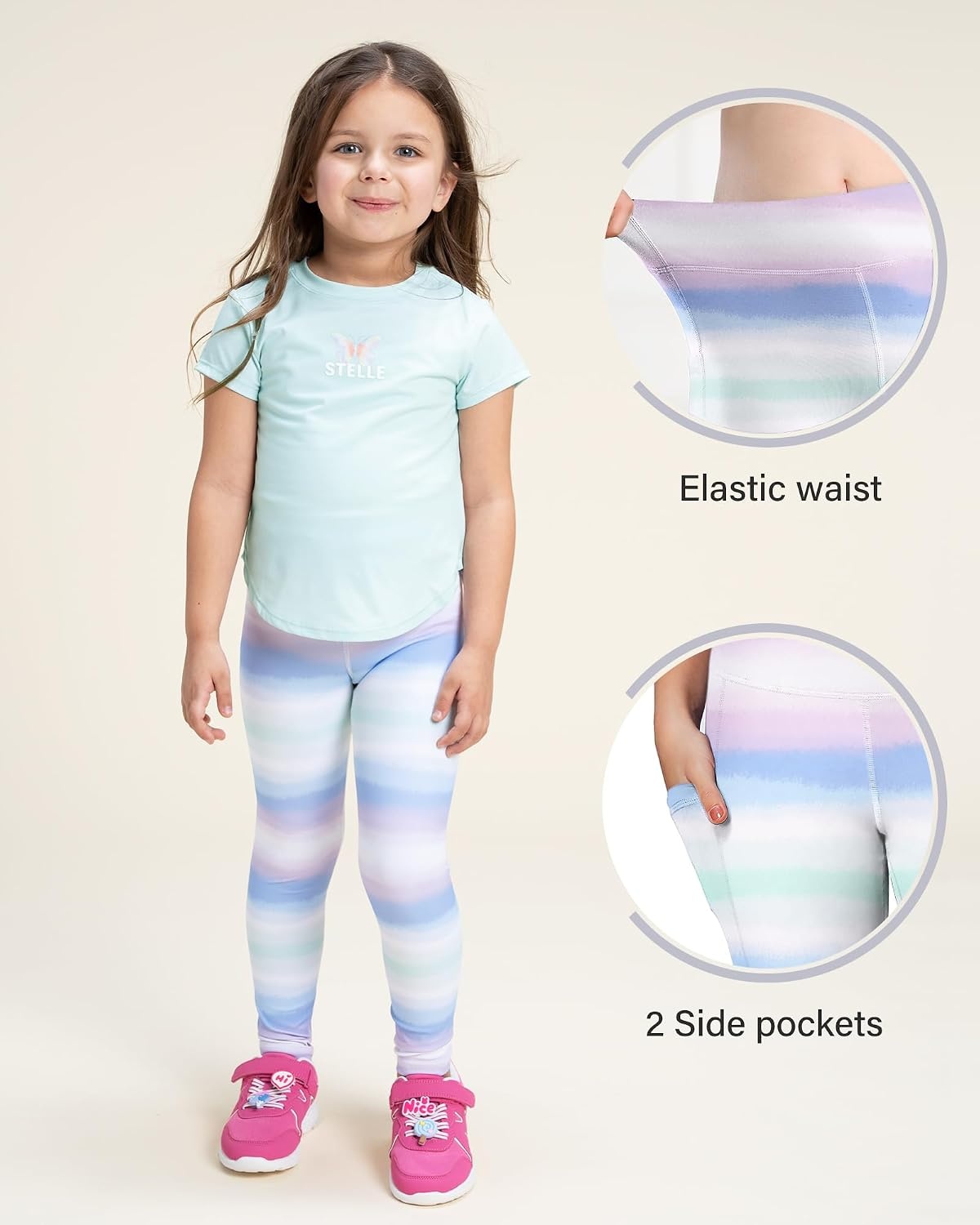 Stelle Girls Leggings with Pockets Kids Dance Yoga Running Athletic Pants | Soft 4-Way Stretch,High-Rise Wide Waistband,Side Pockets,Moisture-Wicking,Non-See-Through for Dance,Yoga,Running,Daily Wear(Pastel Horizon)