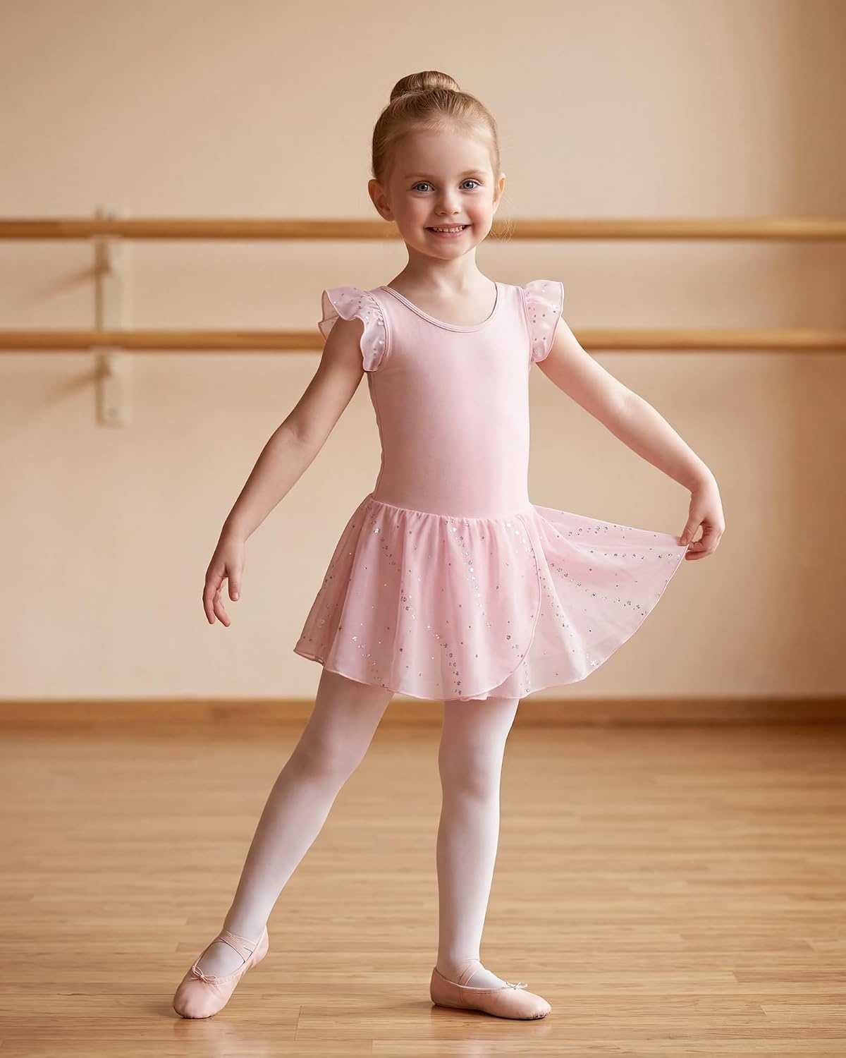 Stelle Girls Flutter Sleeve Ballet Leotards Toddler Tutu Skirted Dresses(Ballet Pink)