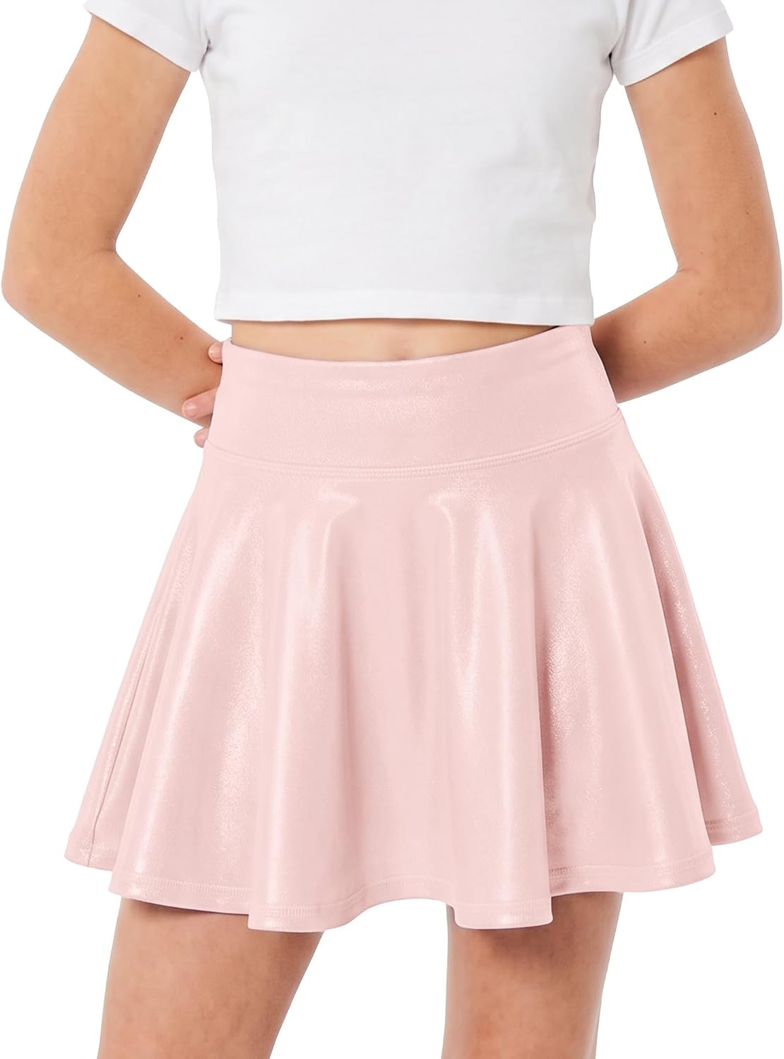 Stelle Girls Metallic Skirt with Short High Waisted Skort 6-15 Years | Sparkly Shiny, Stretchy Comfortable, Cheer, Dancewear, Birthday Party, Kids, Youth,Skater Style, School Events,Tennis Court(Pink)
