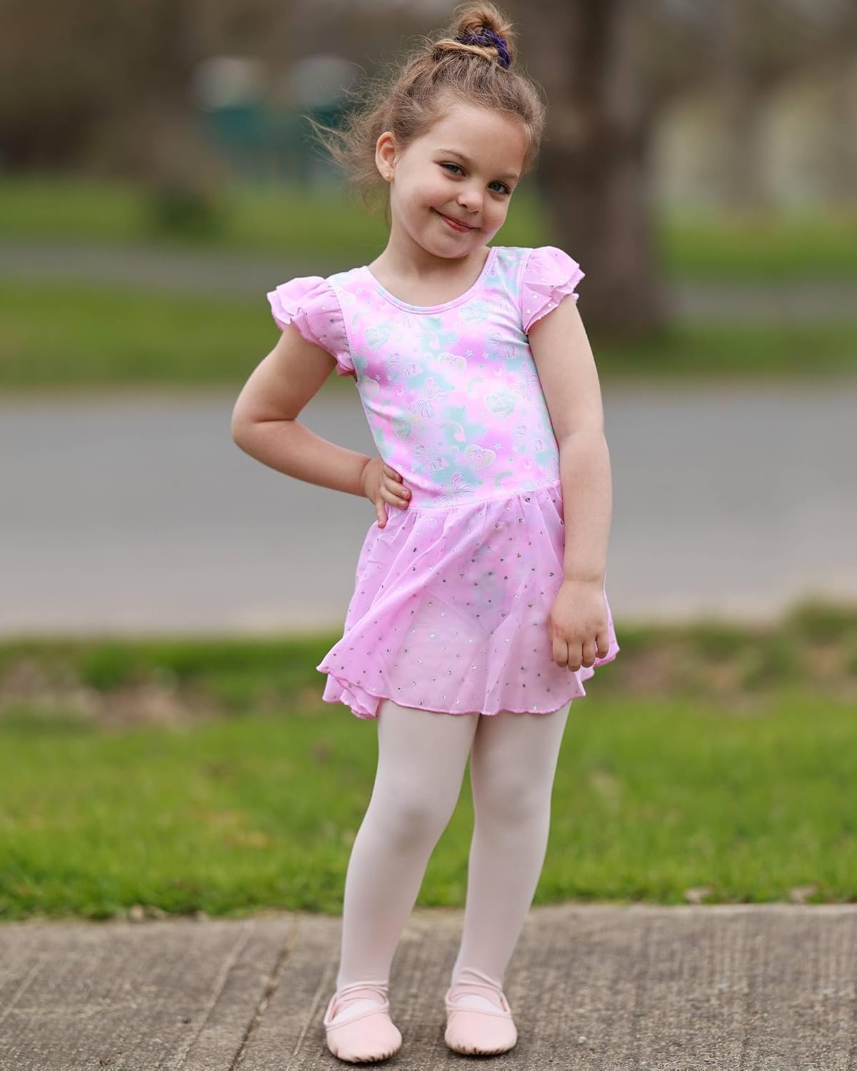 Stelle Ballet Leotards for Girls Toddler Dance Leotard Gymnastic Outfits | Sparkle Flutter Sleeve Ballet Dresses, Butterfly Star Print, Ballerina Costumes for Dance, Performance, Party & Dress Up(Bow Dreams)