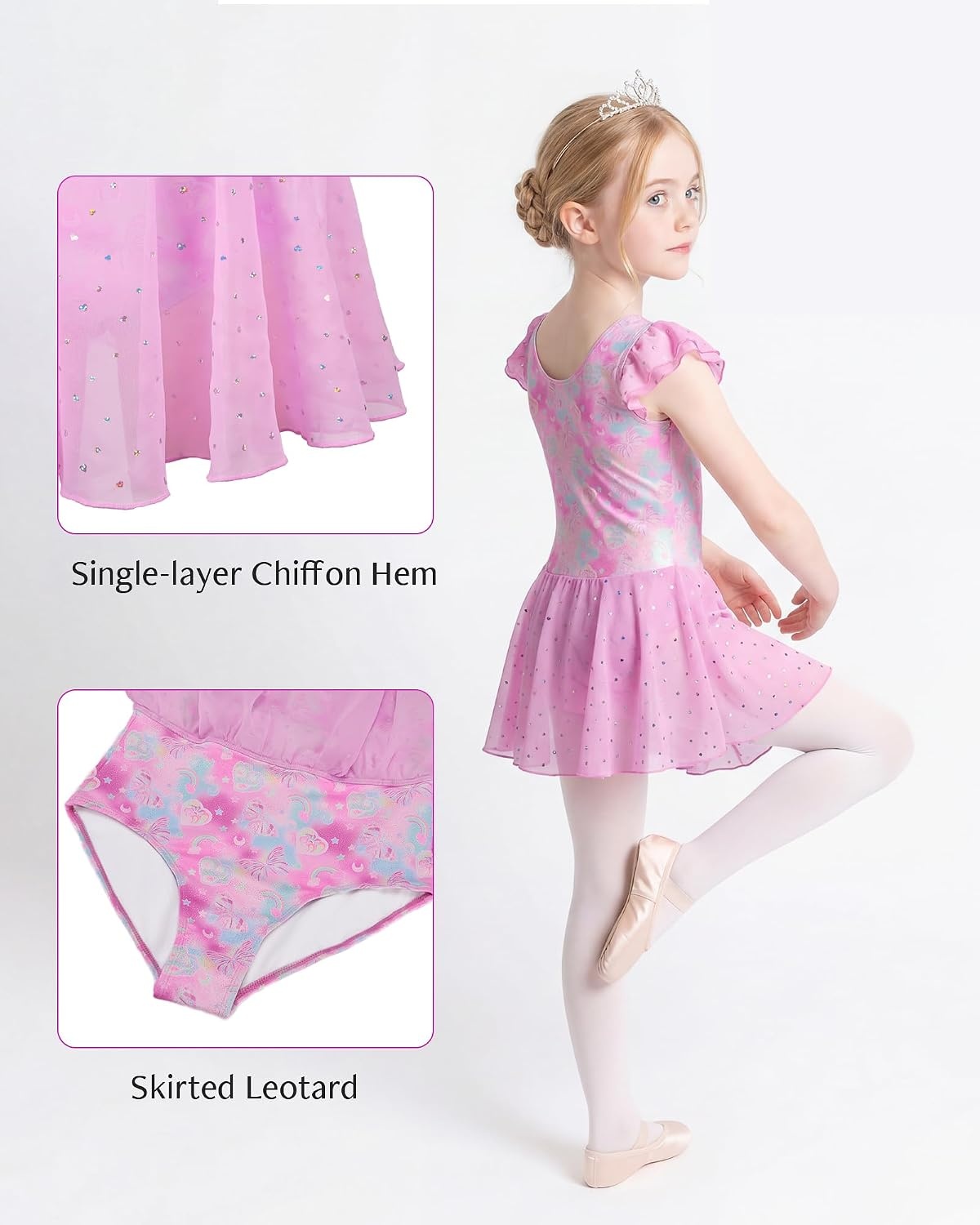 Stelle Ballet Leotards for Girls Toddler Dance Leotard Gymnastic Outfits | Sparkle Flutter Sleeve Ballet Dresses, Butterfly Star Print, Ballerina Costumes for Dance, Performance, Party & Dress Up(Bow Dreams)