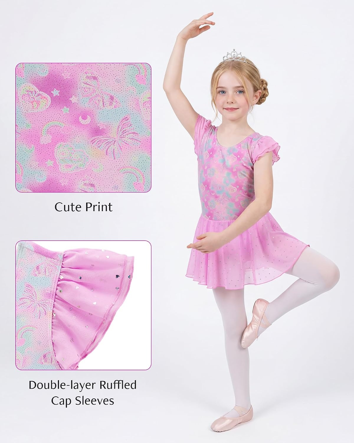 Stelle Ballet Leotards for Girls Toddler Dance Leotard Gymnastic Outfits | Sparkle Flutter Sleeve Ballet Dresses, Butterfly Star Print, Ballerina Costumes for Dance, Performance, Party & Dress Up(Bow Dreams)