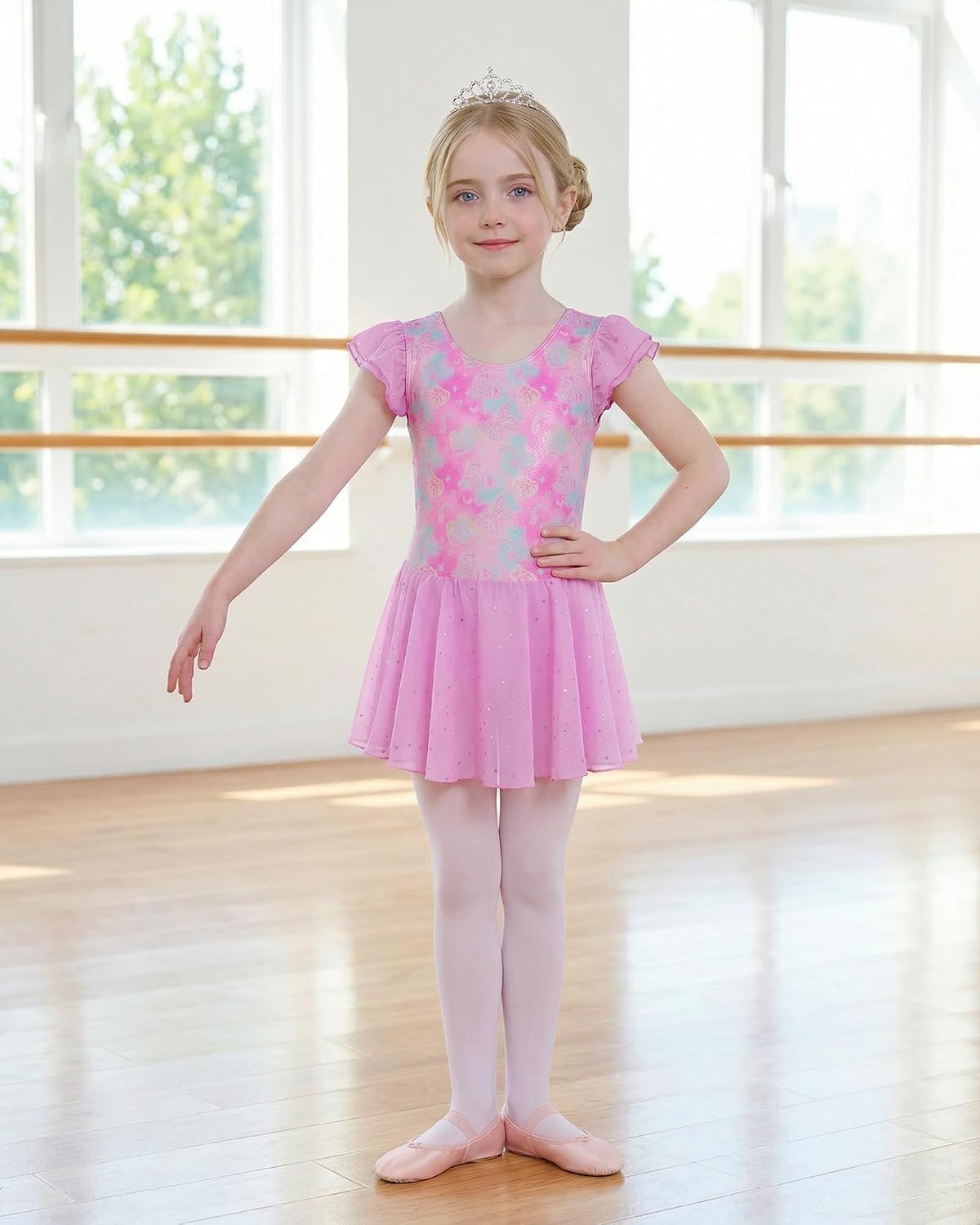 Stelle Ballet Leotards for Girls Toddler Dance Leotard Gymnastic Outfits | Sparkle Flutter Sleeve Ballet Dresses, Butterfly Star Print, Ballerina Costumes for Dance, Performance, Party & Dress Up(Bow Dreams)