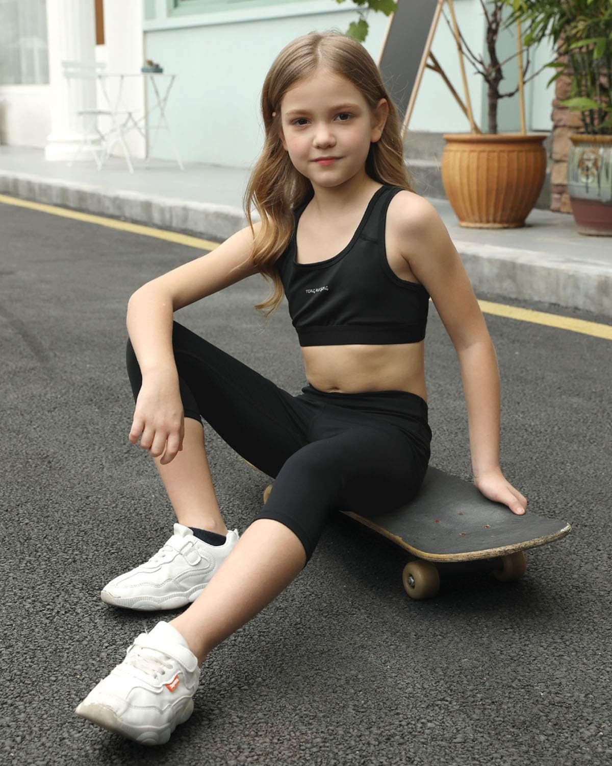Stelle Girls Athletic Leggings Kids Dance Workout Running Yoga Pants with Hidden Pocket(A5-capri-black*2)