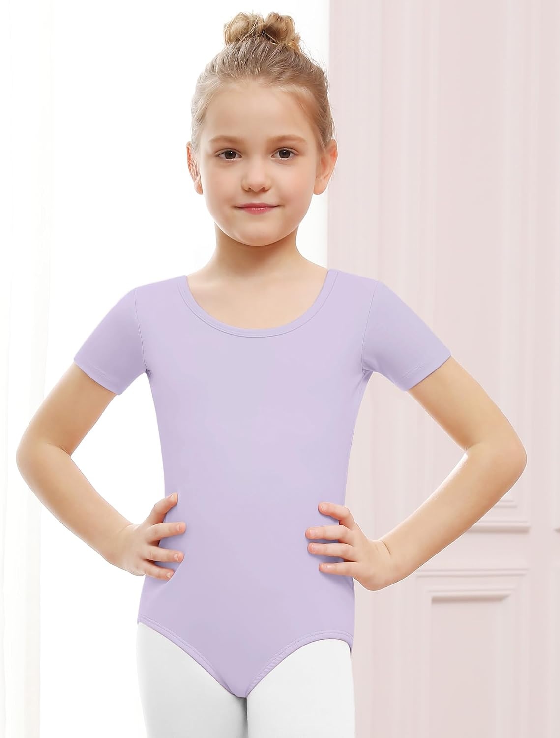 Stelle Ballet Leotards for Girls Short Sleeve Gymnastics Dance Outfit 2-16Y(Lavender)