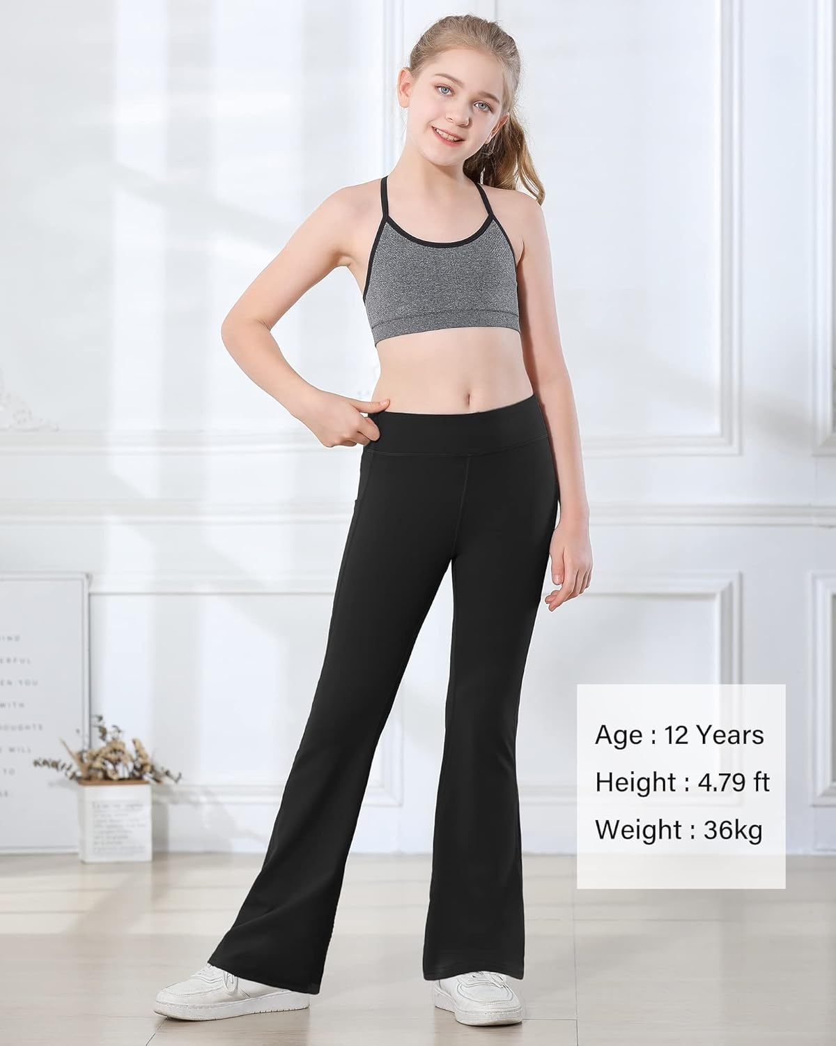Stelle Girl’s Flare Leggings with Pockets High Waisted Bootcut Yoga Pants Kids Dance Bell Bottoms Leggings(01-b1-black)