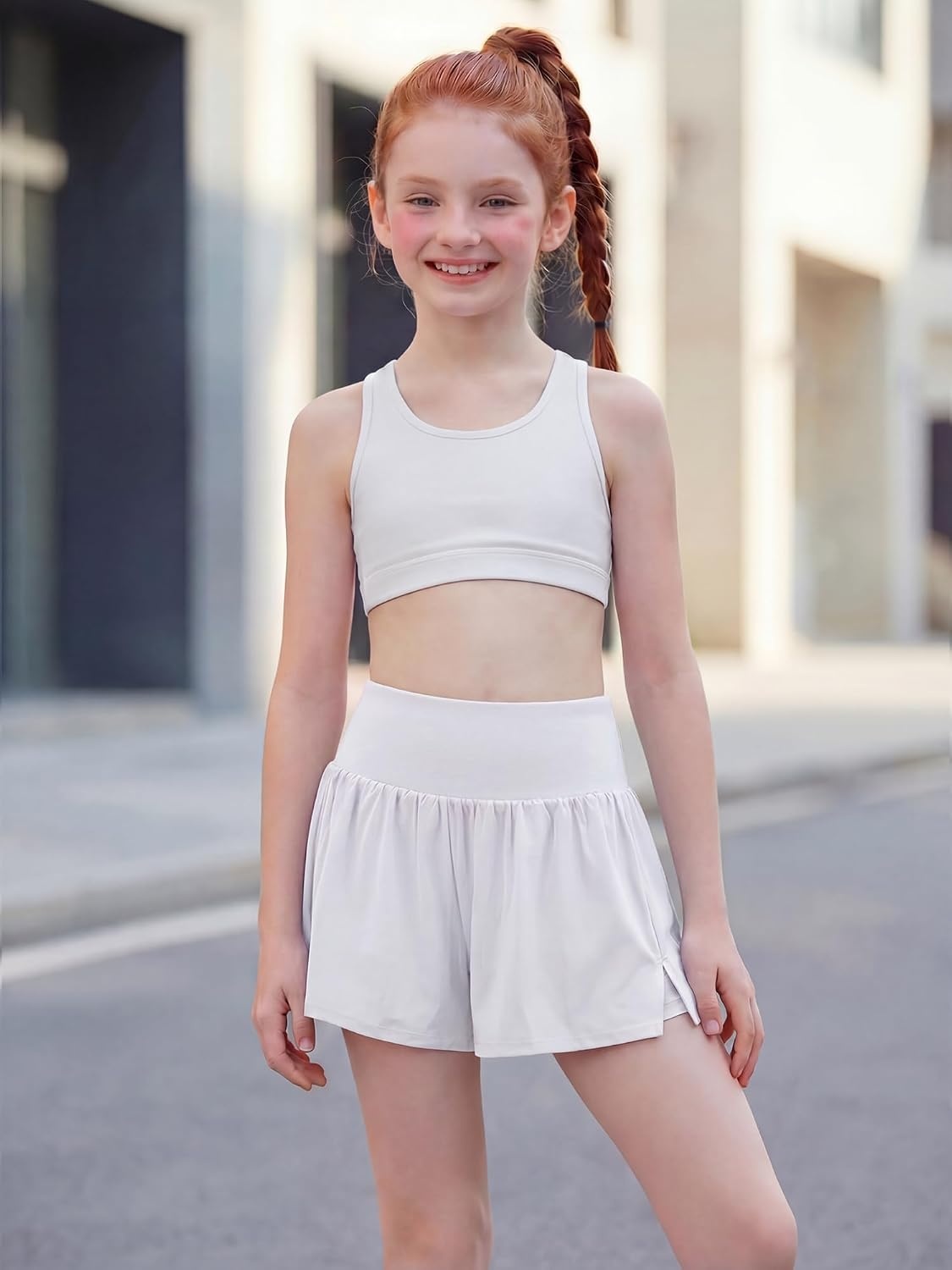 Stelle Girls Athletic Shorts Flowy Running 2 in 1 Butterfly Short with Pockets Soccer Tennis for Teen(White)
