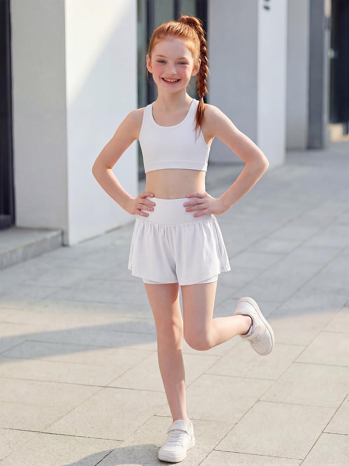 Stelle Girls Athletic Shorts Flowy Running 2 in 1 Butterfly Short with Pockets Soccer Tennis for Teen(White)