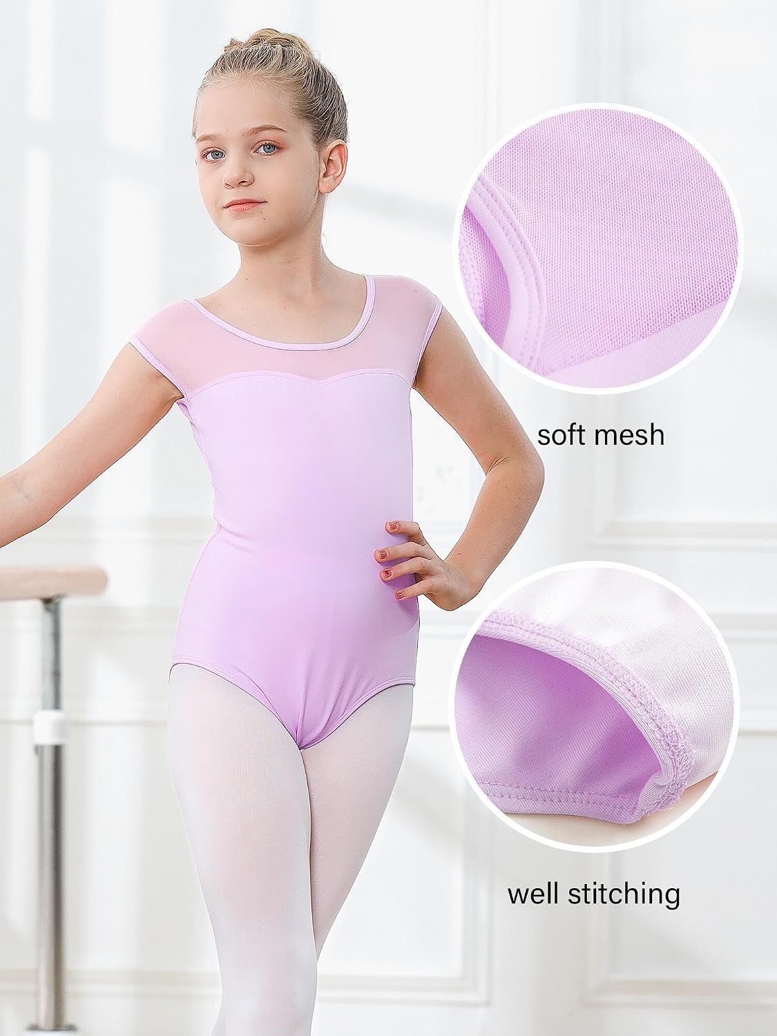 Stelle Leotards for Girls Ballet Dance Leotard Mesh Short Sleeve Gymnastics Outfits for Toddler/Little/Big Kids(Lavender (Mesh Cap Sleeves))