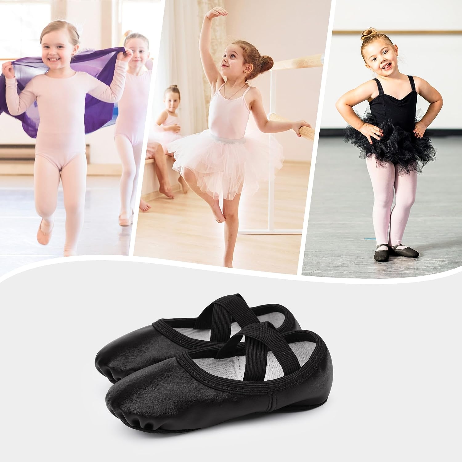 Stelle Toddler Ballet Shoes for Girls Boys PU Leather Lace-Free Dance Slippers for Little Kids/Big Kids(Black)