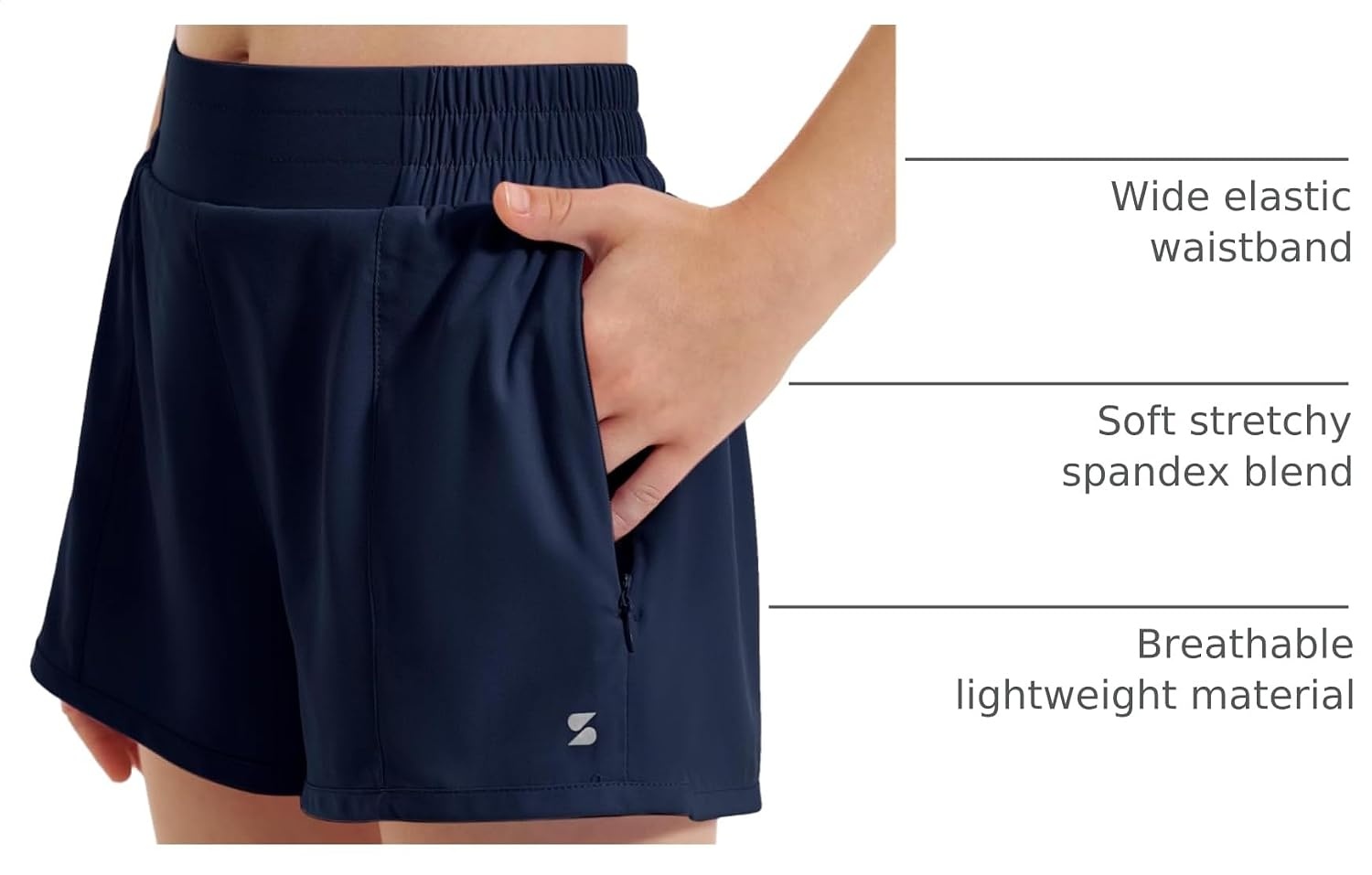 Stelle Girls 2-in-1 Athletic Shorts with Zipper Pockets for Running Sports | Built-in liner, Quick-dry fabric, Elastic waistband, Secure storage, Soccer, Gym, Outdoor activities(Navy)