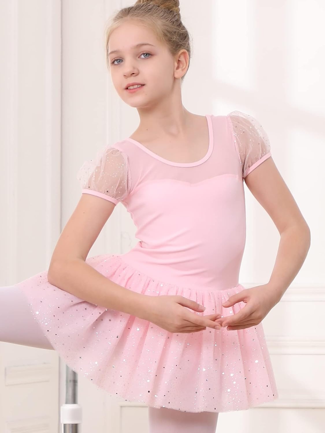 Stelle Puff Sleeve Ballet Leotards for Girls with Sparkly Tutu Skirted Toddler Dance Dress Outfit(01-puff Sleeve-ballet Pink)
