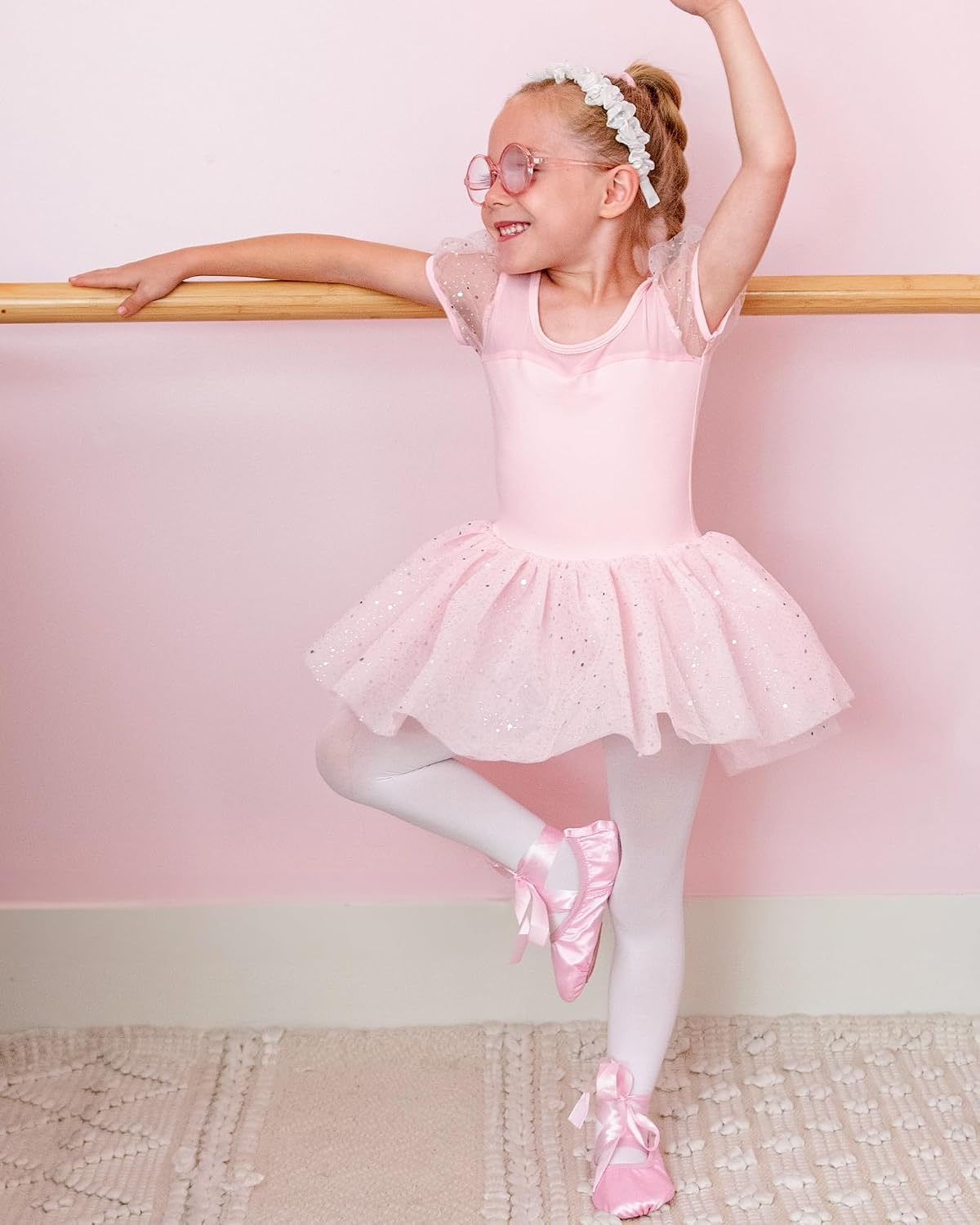 Stelle Puff Sleeve Ballet Leotards for Girls with Sparkly Tutu Skirted Toddler Dance Dress Outfit(01-puff Sleeve-ballet Pink)