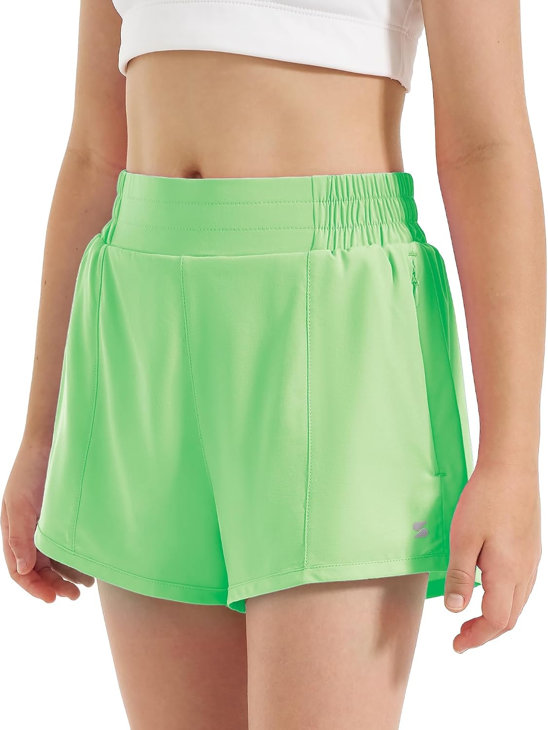 Stelle Girls 2-in-1 Athletic Shorts with Zipper Pockets for Running Sports | Built-in liner, Quick-dry fabric, Elastic waistband, Secure storage, Soccer, Gym, Outdoor activities(Neon Green)