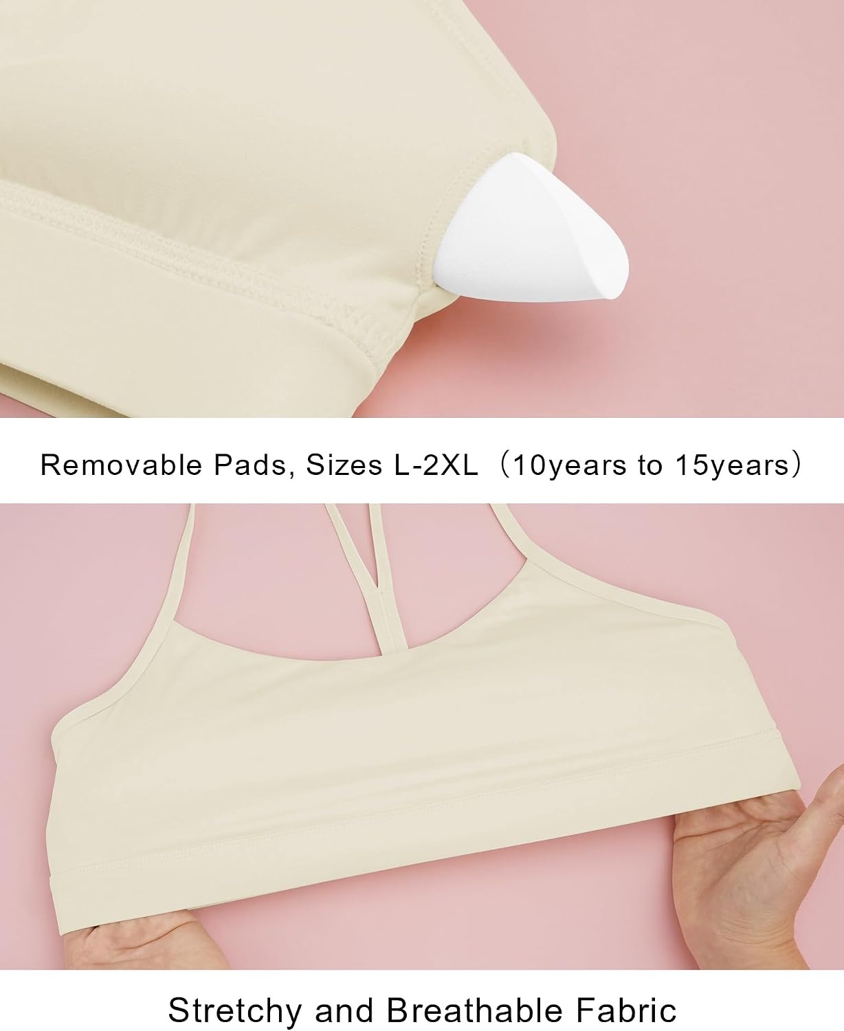 Stelle Girls Sports Bra Training Bra Spaghetti Strap Y Back Bra Yoga Crop Top for Teens Kids(Creme)