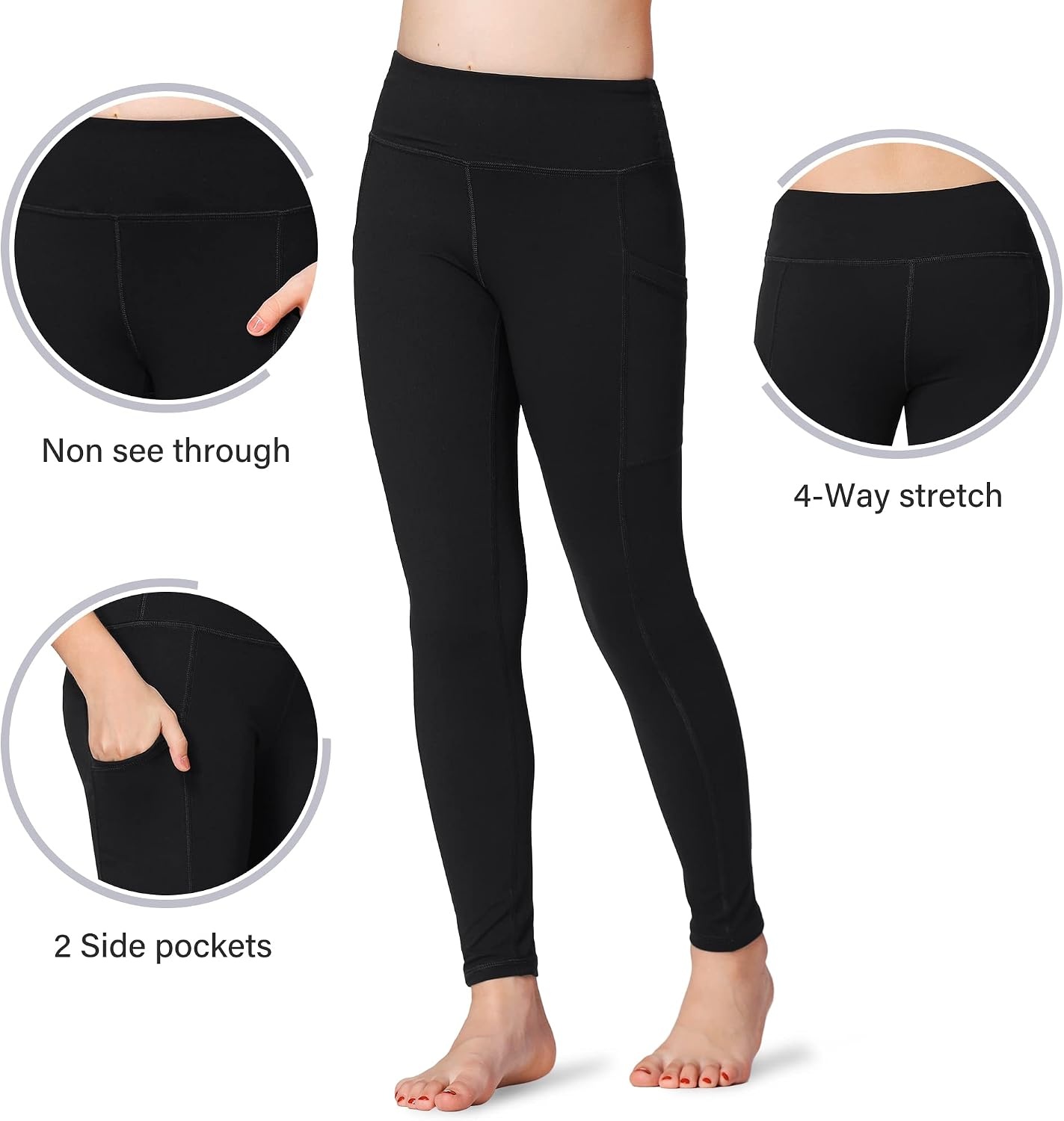 Stelle Girls Leggings with Pockets Kids Dance Yoga Running Athletic Pants | Soft 4-Way Stretch,High-Rise Wide Waistband,Side Pockets,Moisture-Wicking,Non-See-Through for Dance,Yoga,Running,Daily Wear(Black-dark Slate Blue (2 Side Pocket))