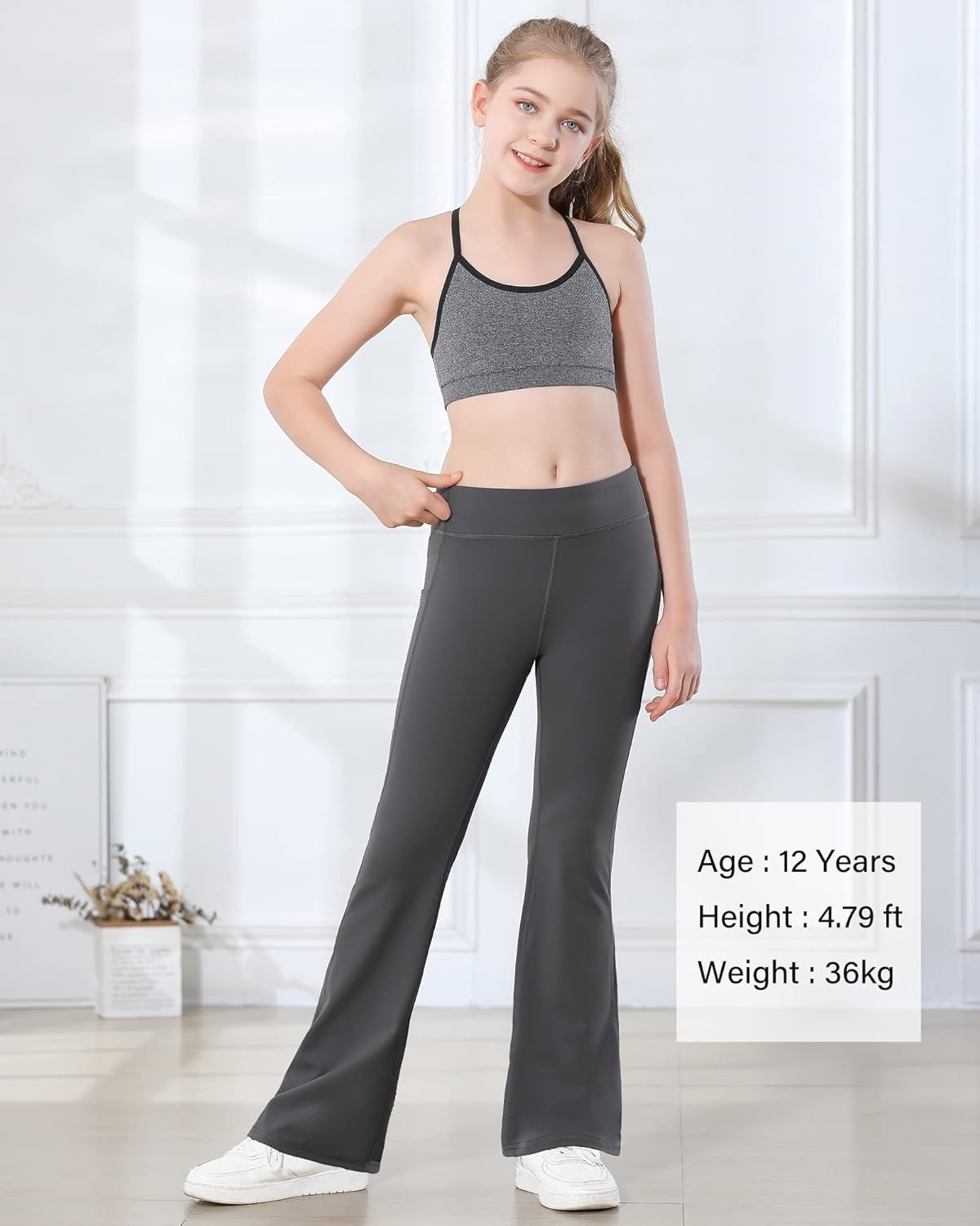 Stelle Girl’s Flare Leggings with Pockets High Waisted Bootcut Yoga Pants Kids Dance Bell Bottoms Leggings(04-b4-grey)