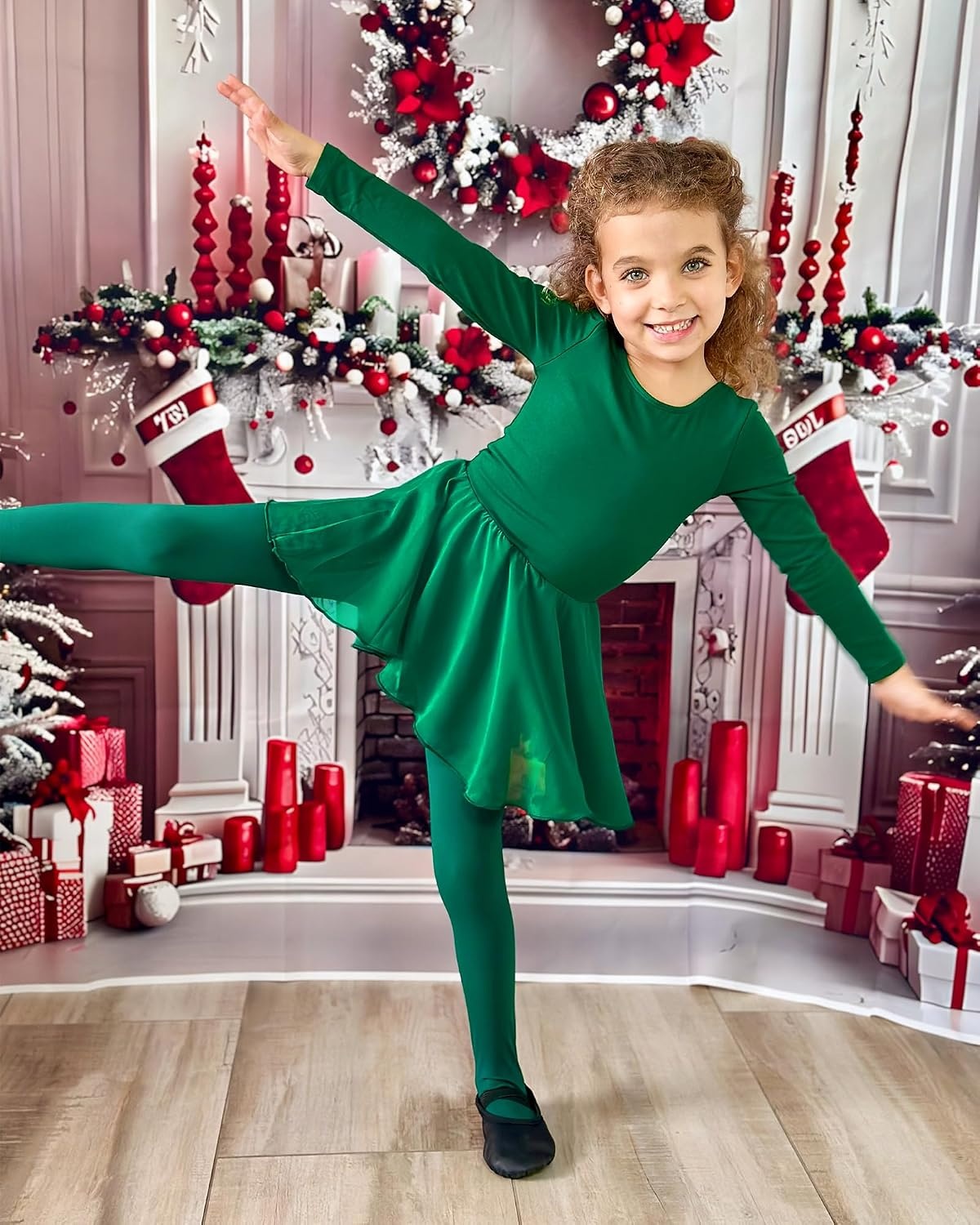 Stelle Ballet Leotards for Girls Long Sleeve Toddler Dance Leotard Outfits(Green)