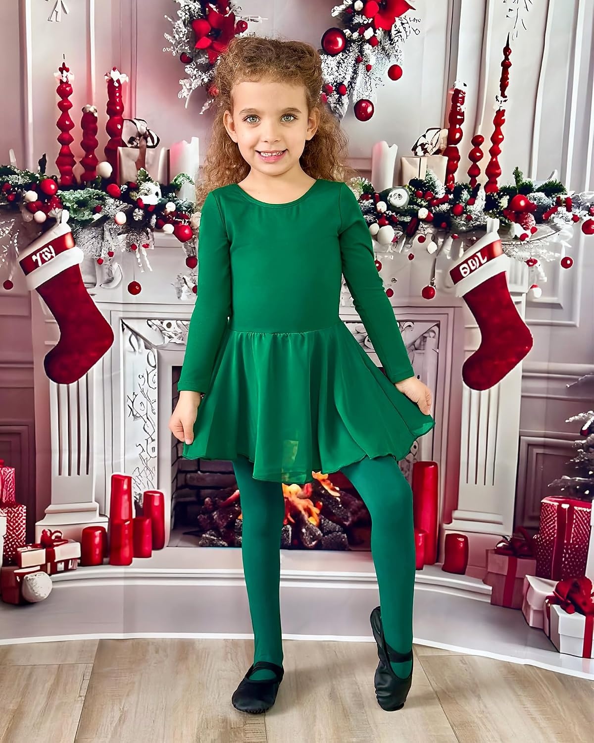 Stelle Ballet Leotards for Girls Long Sleeve Toddler Dance Leotard Outfits(Green)