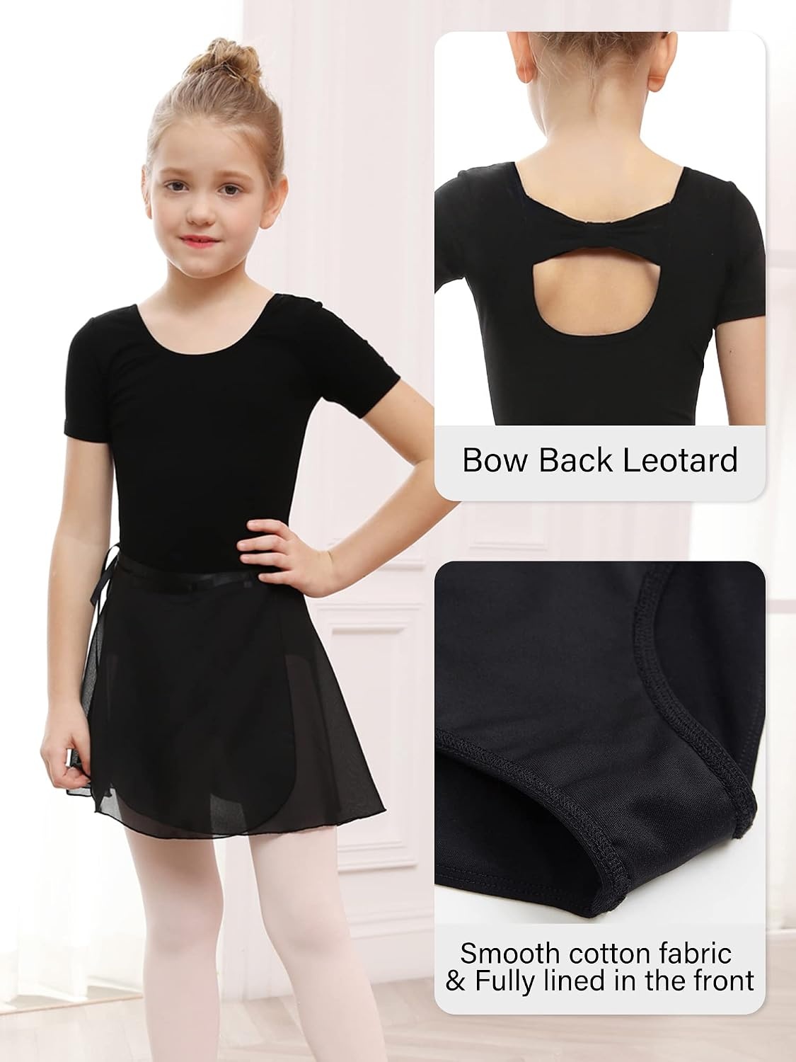 Stelle Girls Ballet Leotards Toddler Dance Combo with Skirt and Tights | Crew neck, Removable ballet skirt, Durable footed tights, Fully lined front, High elasticity & durable, Breathable(2-black (Bow Back))
