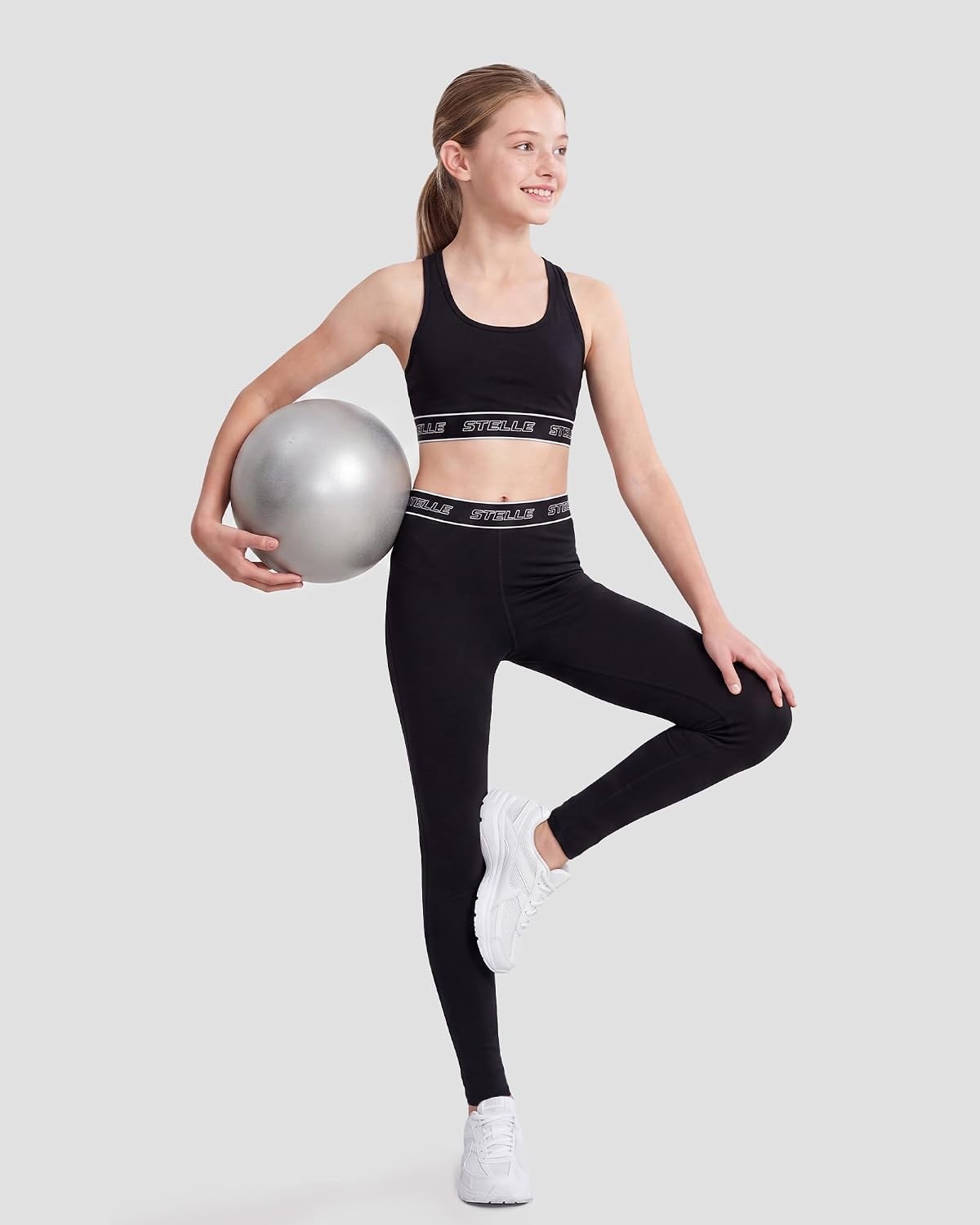 Stelle Girls Athletic Leggings Kids Dance Yoga Pants for Sports Casual Wear | Soft 4-Way Stretch,Logo Waistband,Moisture-Wicking Comfort,Non-See-Through for Yoga,Dance,Sports Everyday Wear(01-b1-black)