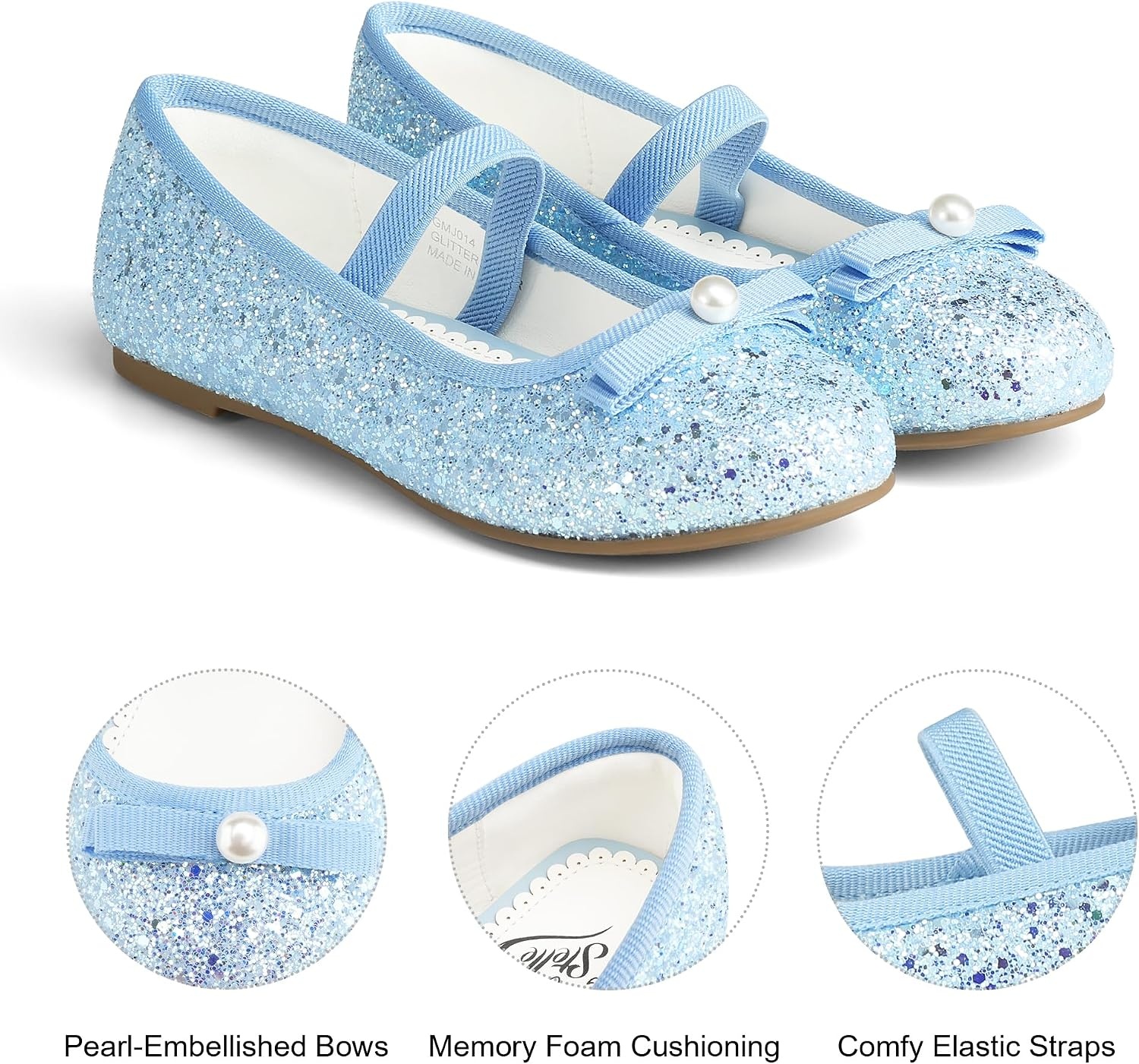 Stelle Girls Glitter Dress Shoes Flower Wedding Mary Jane Ballet Flats with Strap Toddler/Little/Big Kids(Icy Blue)