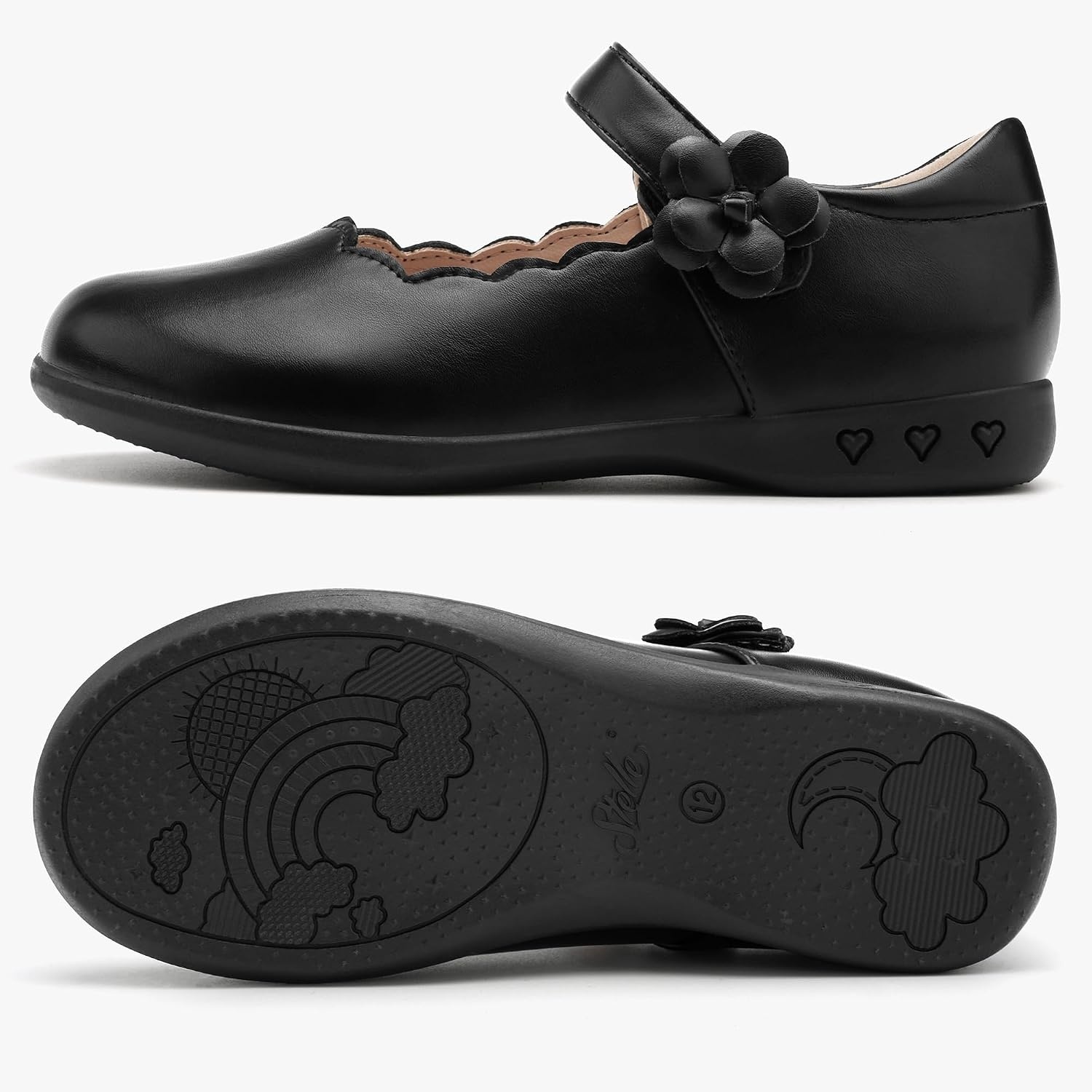 Stelle Girls Mary Jane Shoes School Uniform Flats Dress Shoes Oxford Church Music Recitals(Little/Big Kids) | Flower detail, Scalloped trim, Cushioned comfort, Flexible outsole, Hook-and-loop closure, Dress occasions(Black)