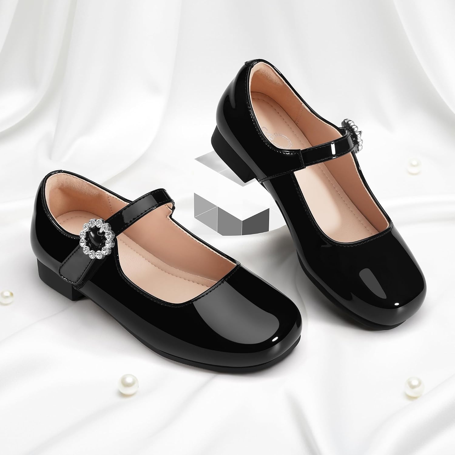 Stelle Girls Dress Shoes Rhinestone Buckle Mary Janes for School Wedding(Black)