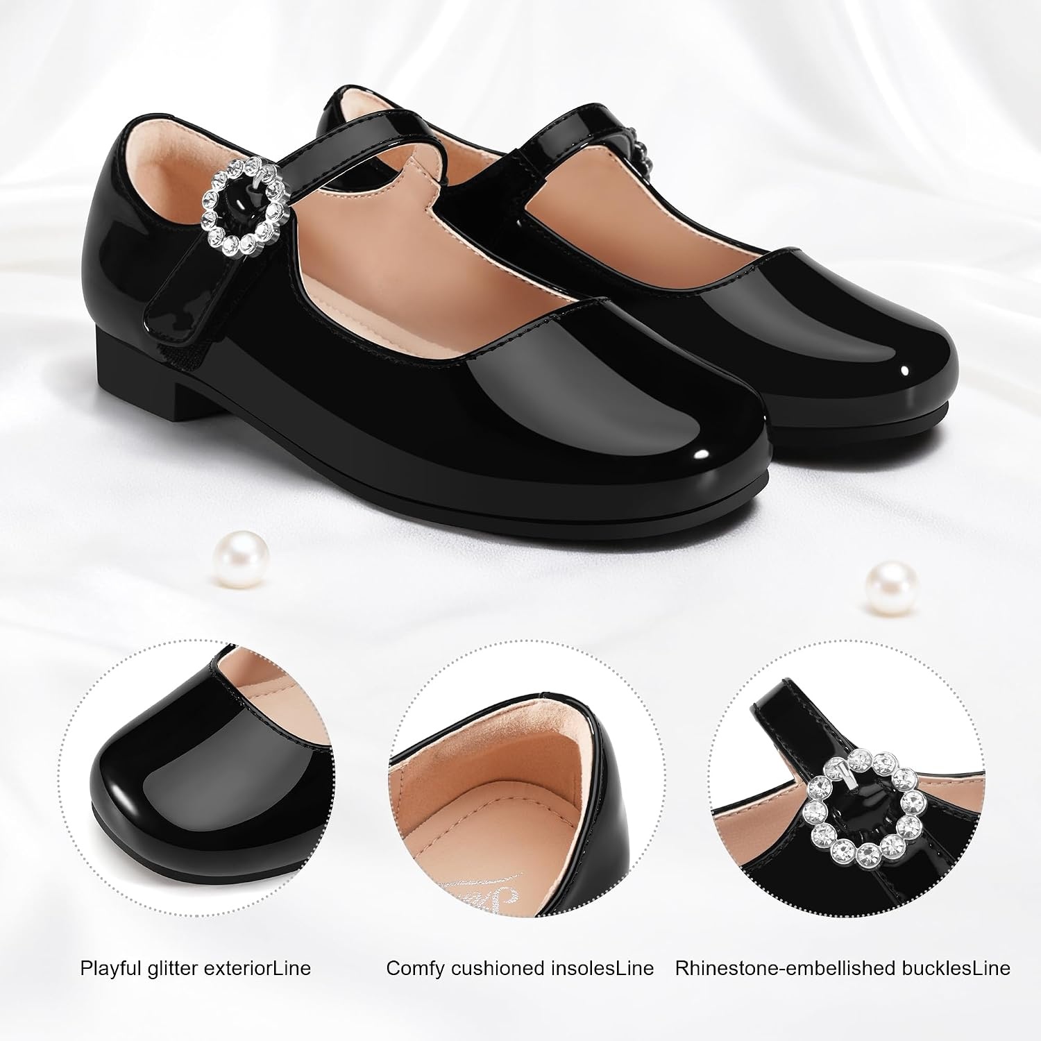 Stelle Girls Dress Shoes Rhinestone Buckle Mary Janes for School Wedding(Black)
